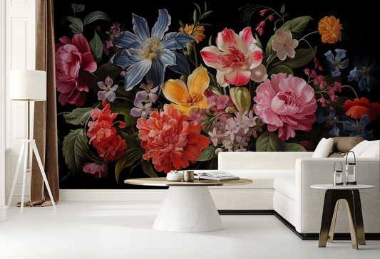 Wzór fototapety artystycznej o nazwie Floral Tapestry pokazanej w aranżacji wnętrza.