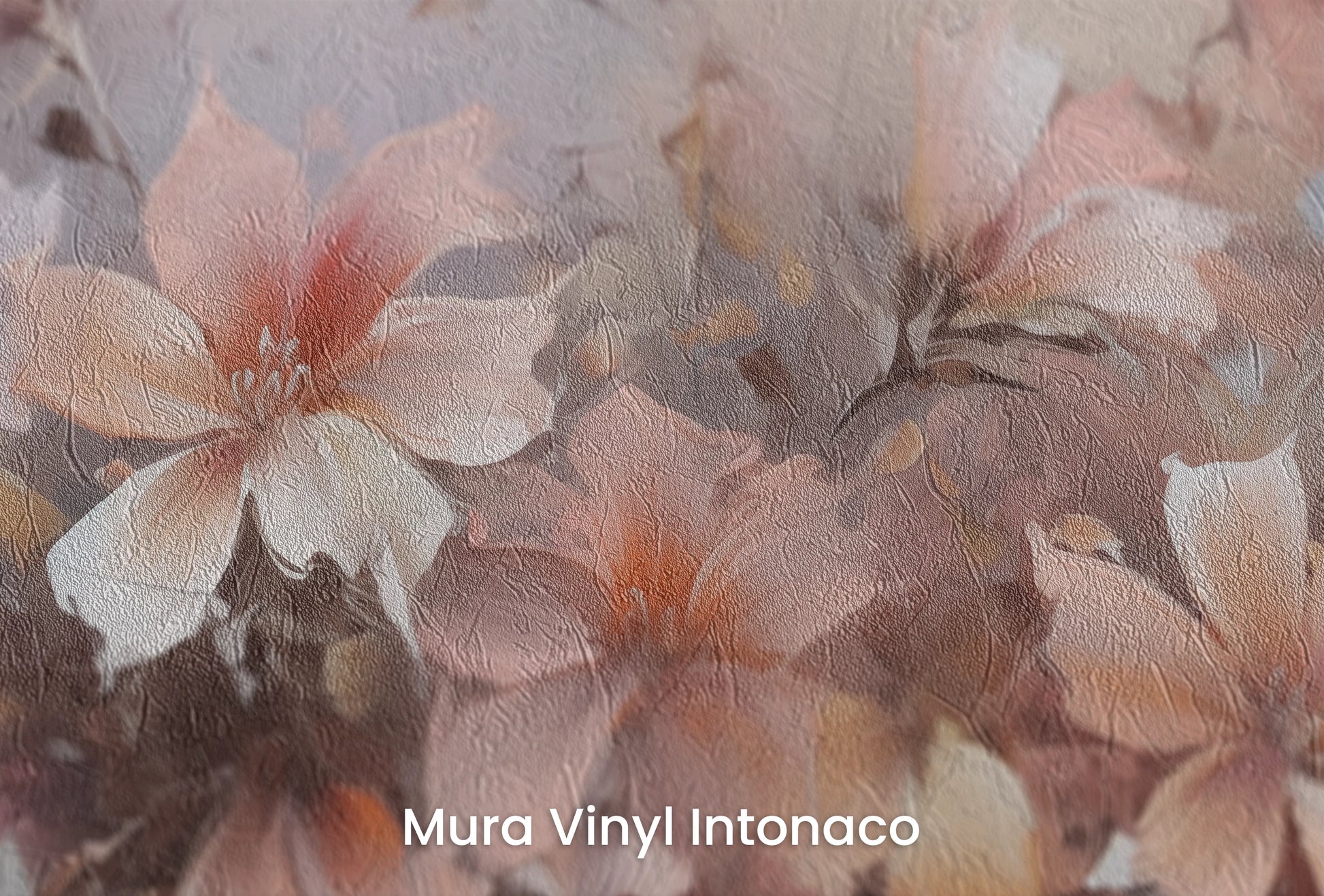 Zbliżenie na artystyczną fototapetę o nazwie Blossom Haze na podłożu Mura Vinyl Intonaco - struktura tartego tynku.