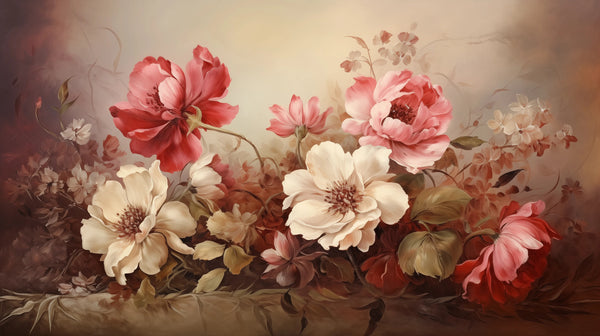 Fleur de Velours - Papier Peint Floral Romantique avec le Charme Peint des Pivoines et des Roses