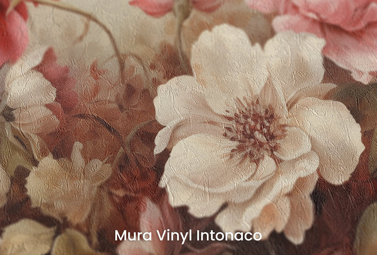 Zbliżenie na artystyczną fototapetę o nazwie Velvet Bloom na podłożu Mura Vinyl Intonaco - struktura tartego tynku.