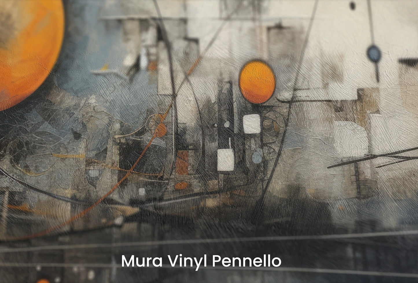 Zbliżenie na artystyczną fototapetę o nazwie Orbital Complexity na podłożu Mura Vinyl Pennello - faktura pociągnięć pędzla malarskiego.