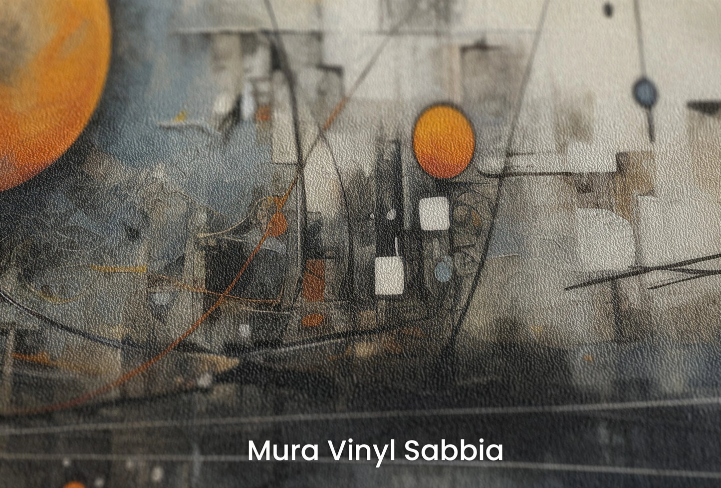 Zbliżenie na artystyczną fototapetę o nazwie Orbital Complexity na podłożu Mura Vinyl Sabbia struktura grubego ziarna piasku.