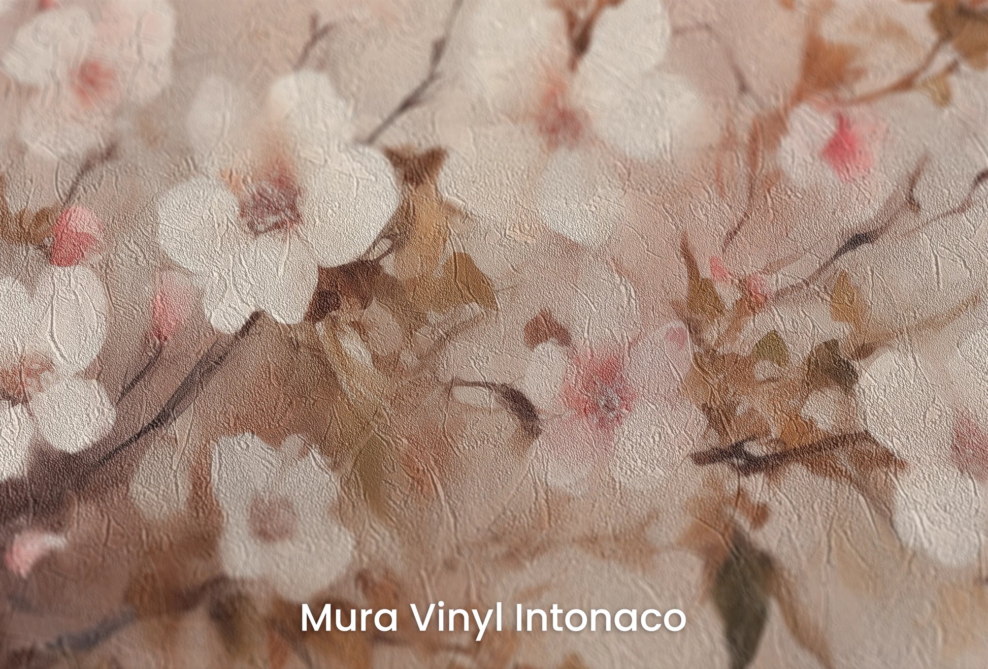Zbliżenie na artystyczną fototapetę o nazwie Cherry Bliss na podłożu Mura Vinyl Intonaco - struktura tartego tynku.