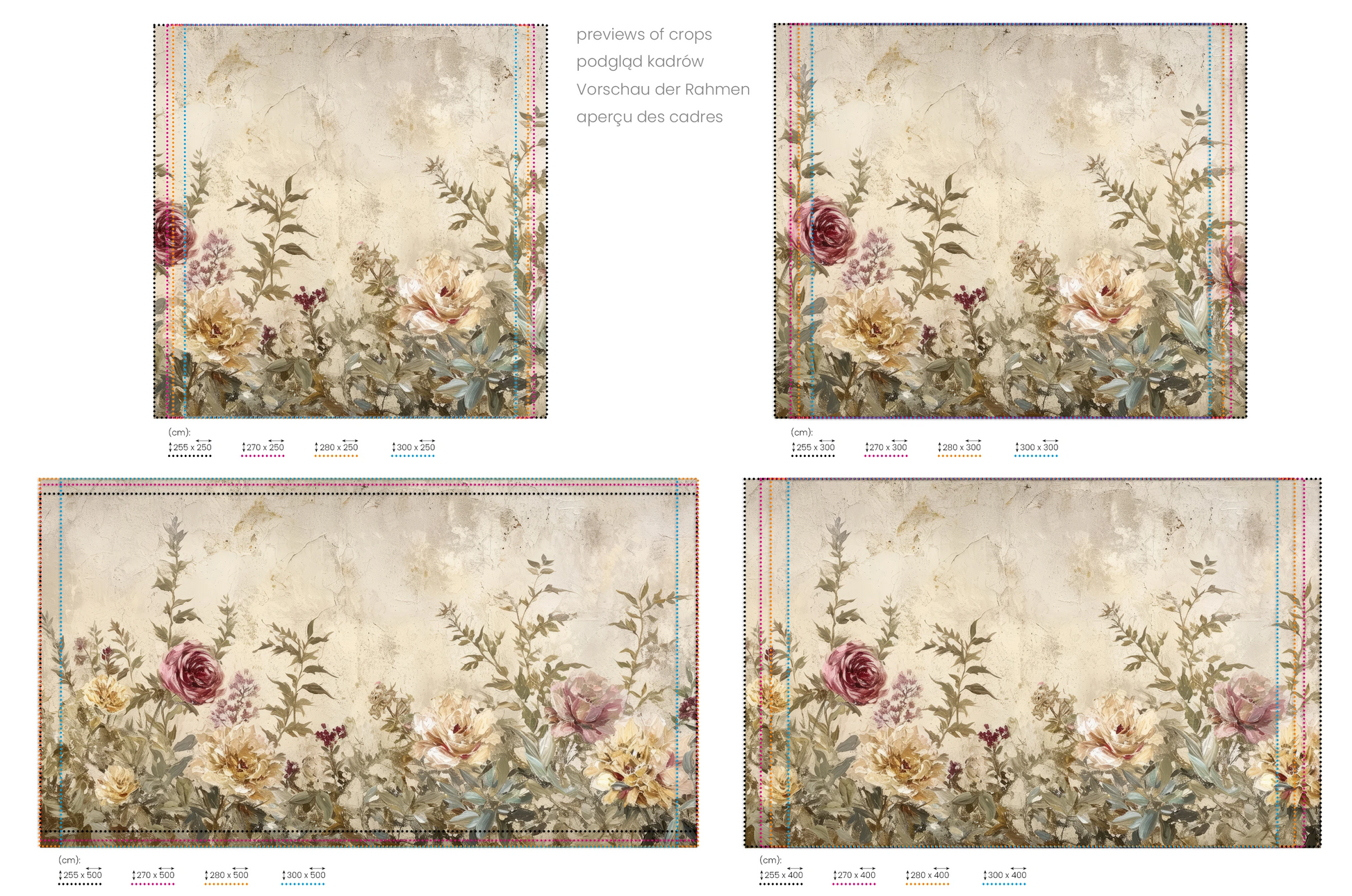 Na obrazie znajduje się prezentacja przykładowych rozmiarów fototapety o nazwie Antique Blossom. Rozmiar fototapety jest dowolny.