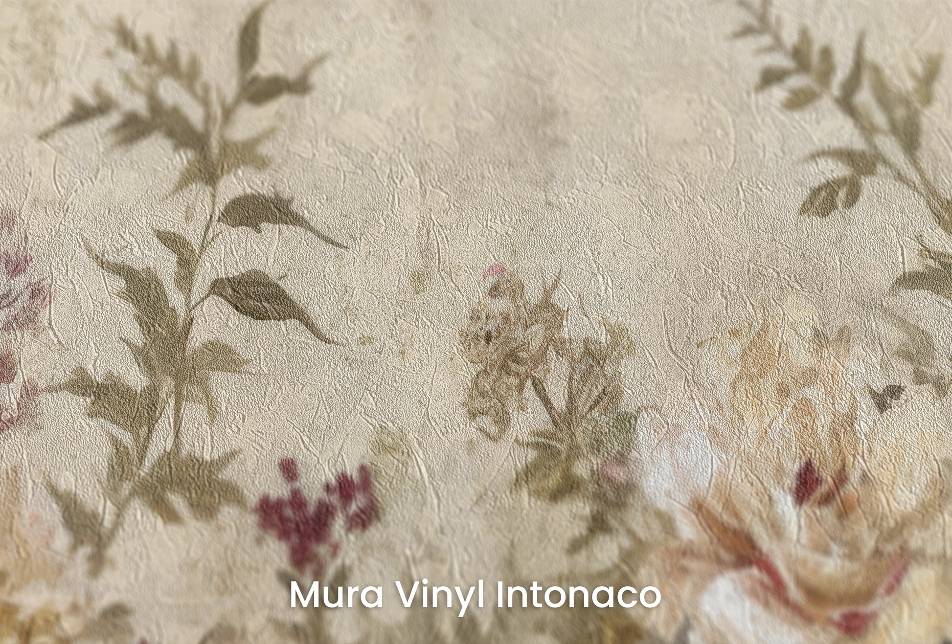 Zbliżenie na artystyczną fototapetę o nazwie Antique Blossom na podłożu Mura Vinyl Intonaco - struktura tartego tynku.