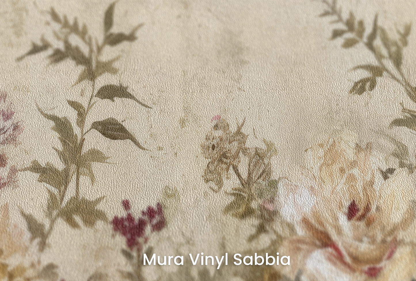 Zbliżenie na artystyczną fototapetę o nazwie Antique Blossom na podłożu Mura Vinyl Sabbia struktura grubego ziarna piasku.