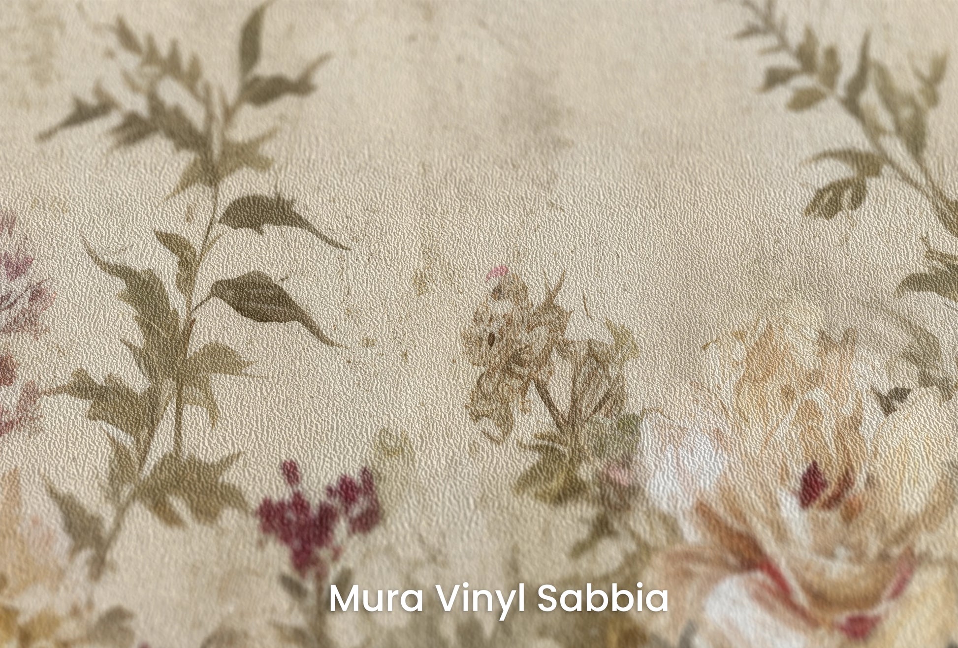 Zbliżenie na artystyczną fototapetę o nazwie Antique Blossom na podłożu Mura Vinyl Sabbia struktura grubego ziarna piasku.