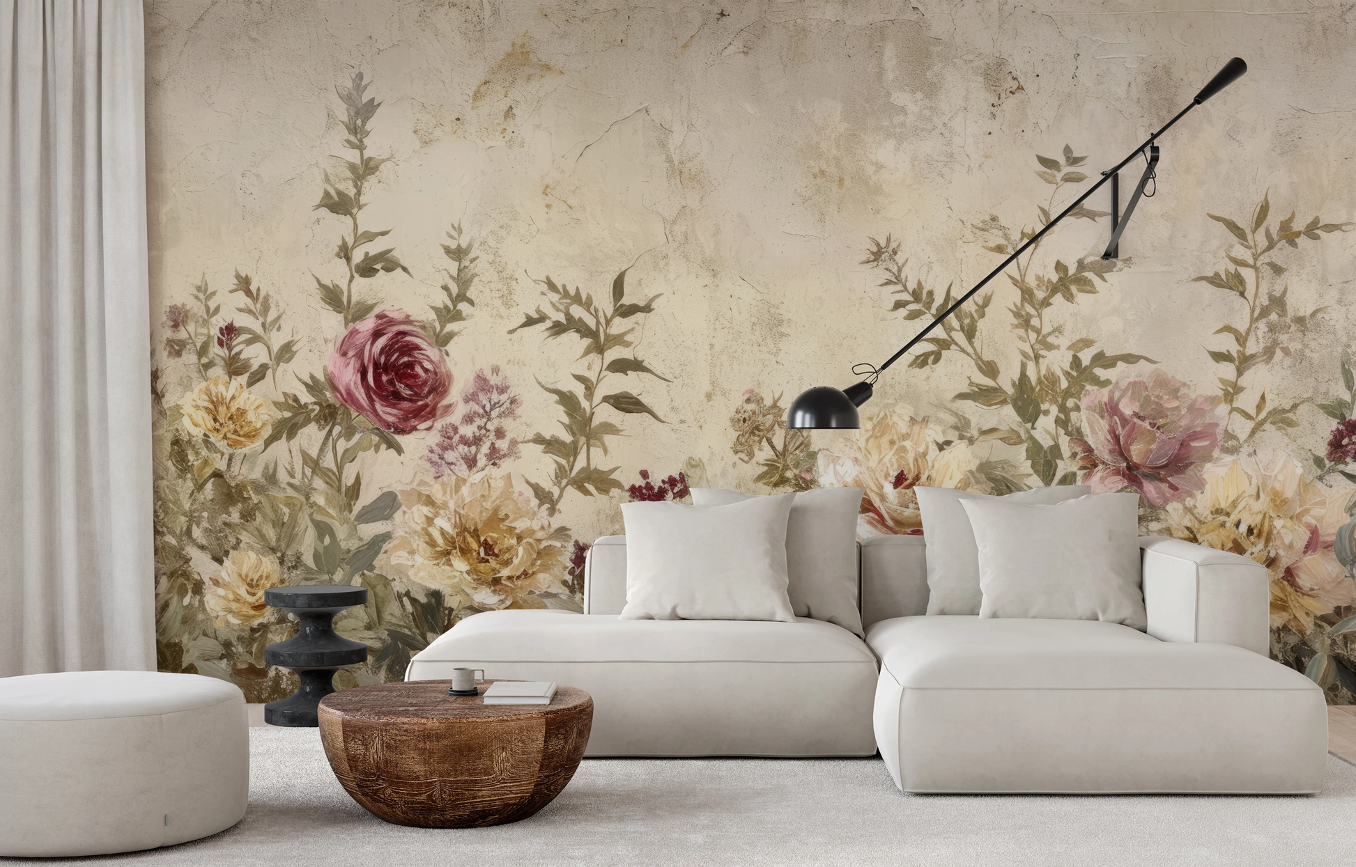 Wzór fototapety o nazwie Antique Blossom pokazanej w kontekście pomieszczenia.