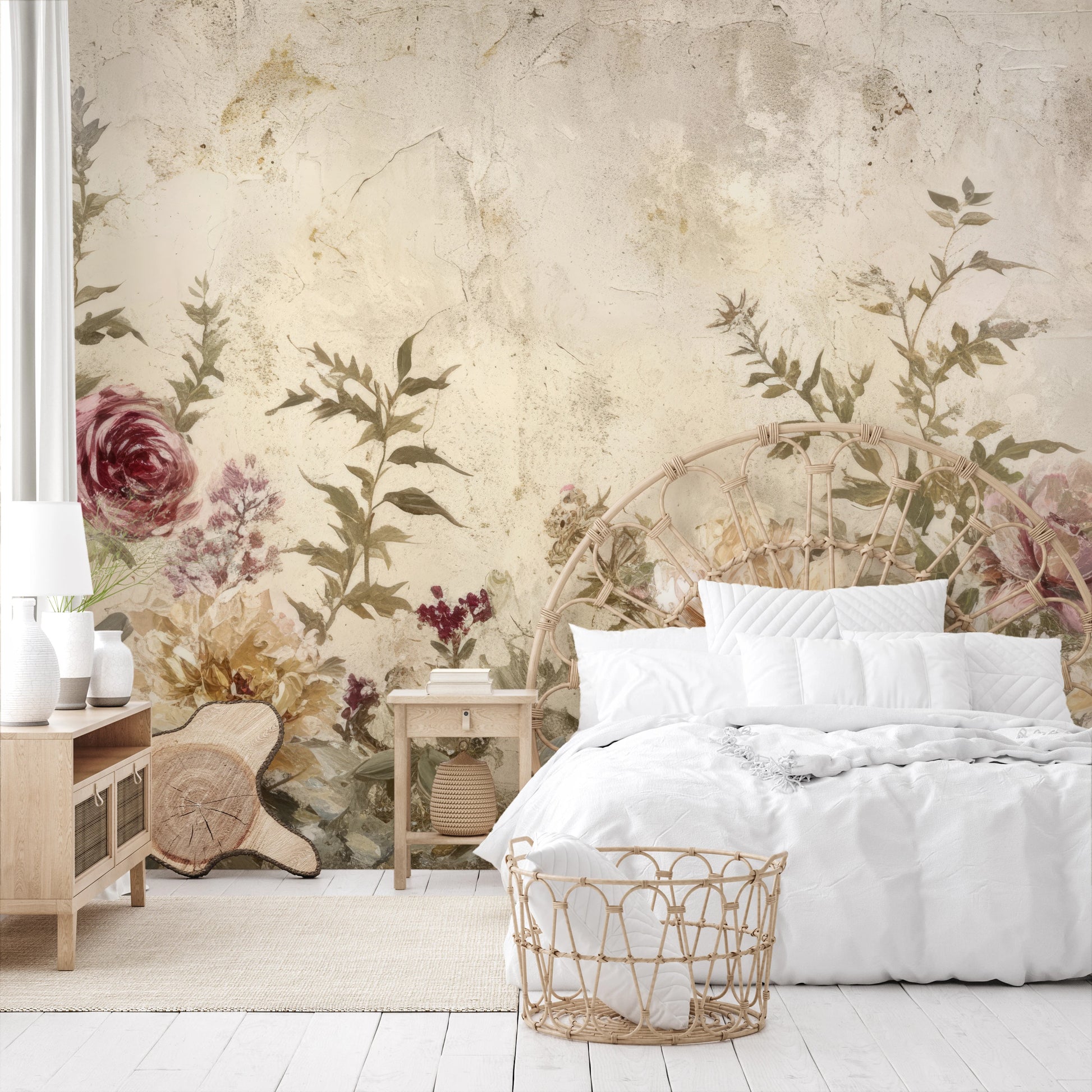 Wzór fototapety malowanej o nazwie Antique Blossom pokazanej w aranżacji wnętrza.