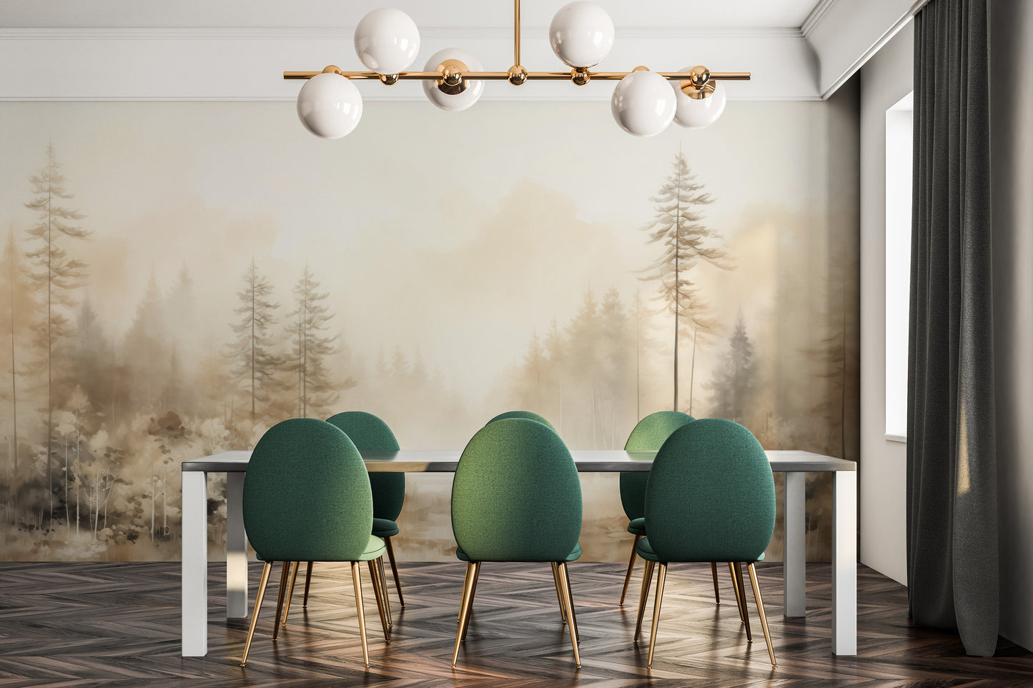Wzór fototapety artystycznej o nazwie AUTUMNAL HAZE TRAIL MURAL pokazanej w aranżacji wnętrza.