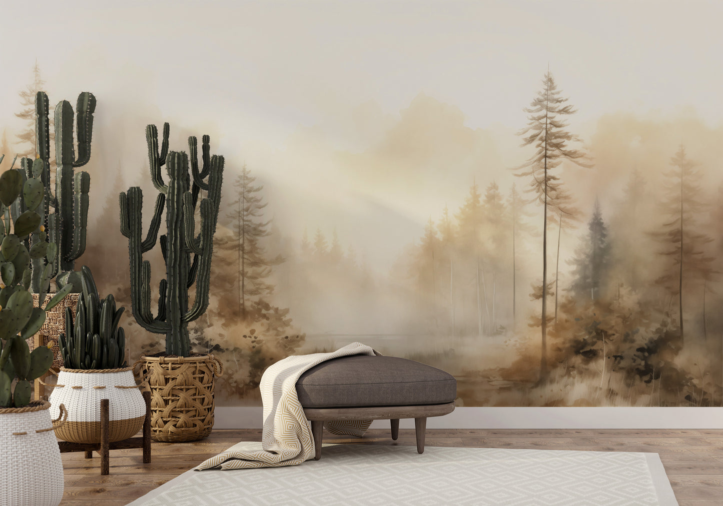 Wzór fototapety malowanej o nazwie AUTUMNAL HAZE TRAIL MURAL pokazanej w aranżacji wnętrza.