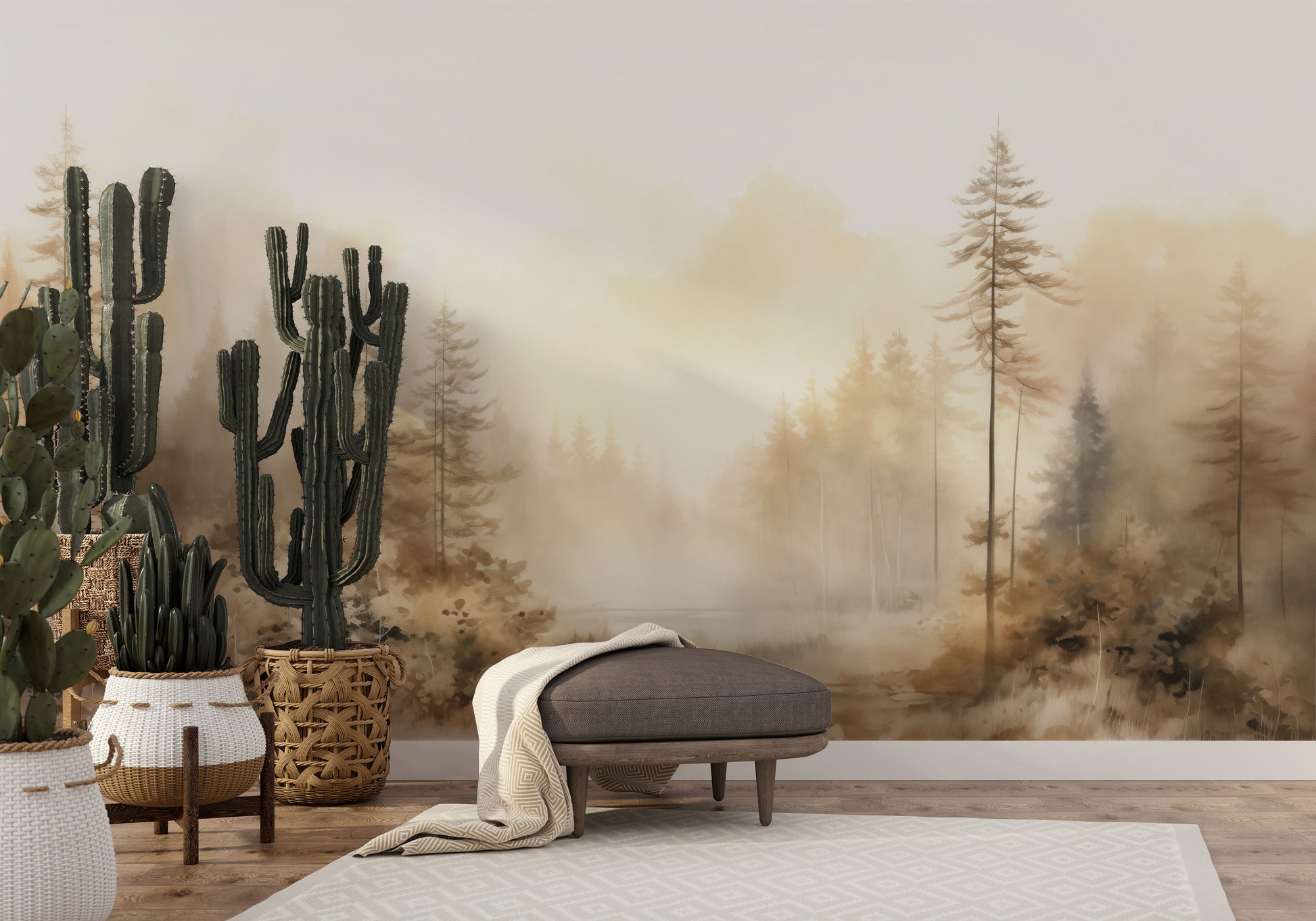 Wzór fototapety malowanej o nazwie AUTUMNAL HAZE TRAIL MURAL pokazanej w aranżacji wnętrza.