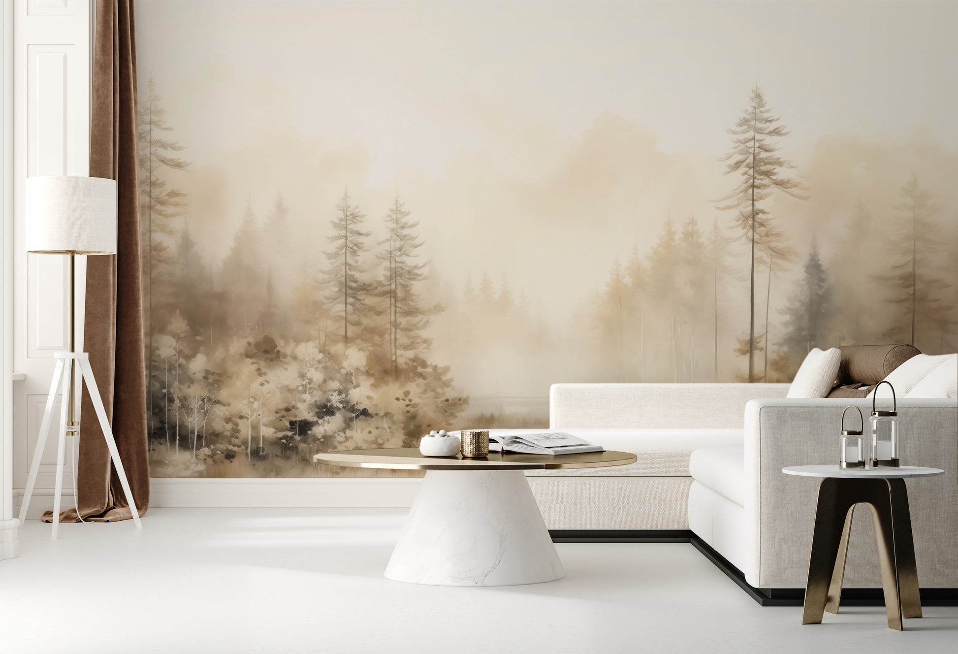 Wzór fototapety o nazwie AUTUMNAL HAZE TRAIL MURAL pokazanej w kontekście pomieszczenia.