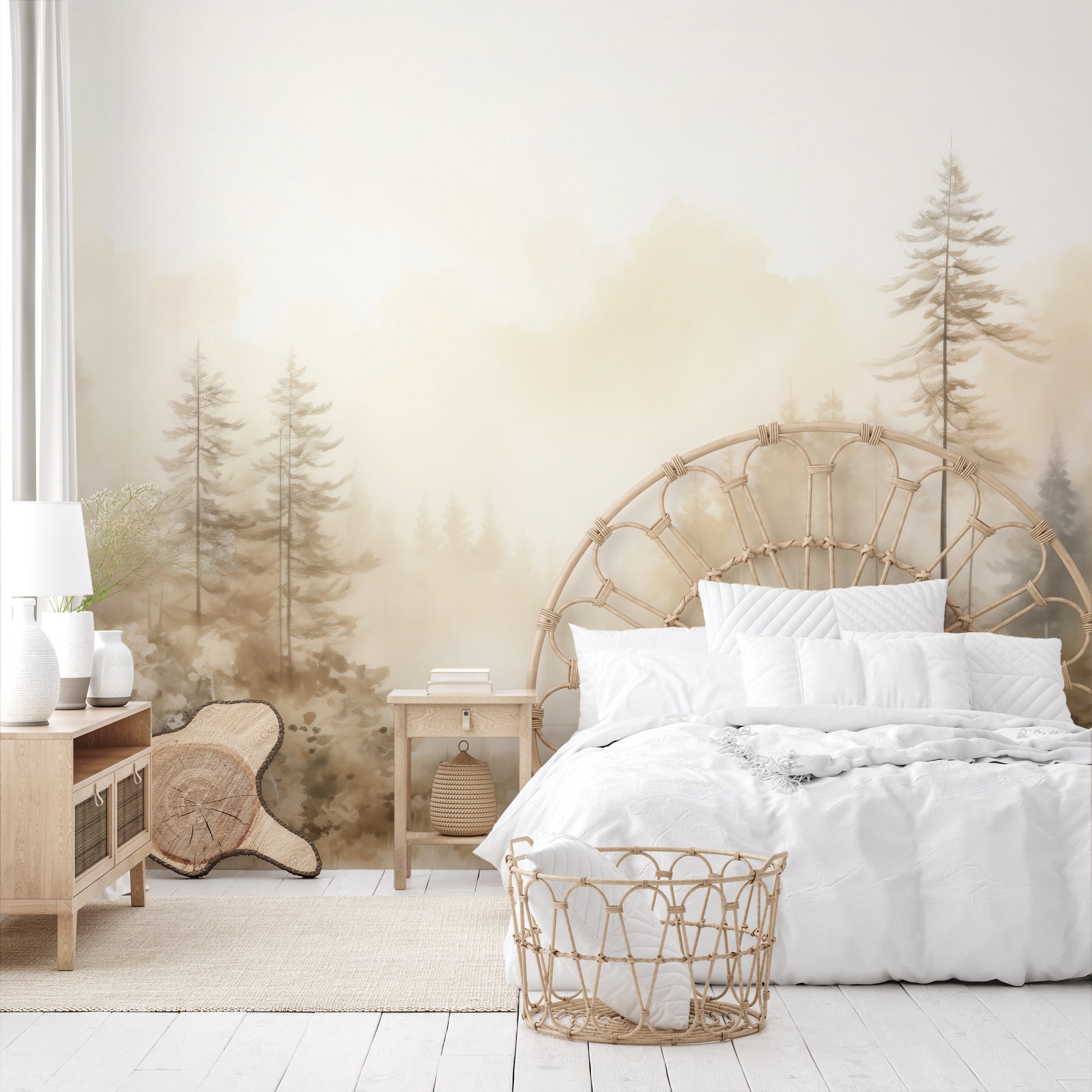 Wzór fototapety artystycznej o nazwie AUTUMNAL HAZE TRAIL MURAL pokazanej w aranżacji wnętrza.