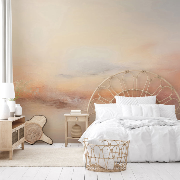 Wzór fototapety artystycznej o nazwie MORNING MIST ABLAZE pokazanej w aranżacji wnętrza.