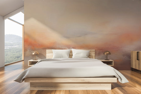 Wzór fototapety artystycznej o nazwie MORNING MIST ABLAZE pokazanej w aranżacji wnętrza.