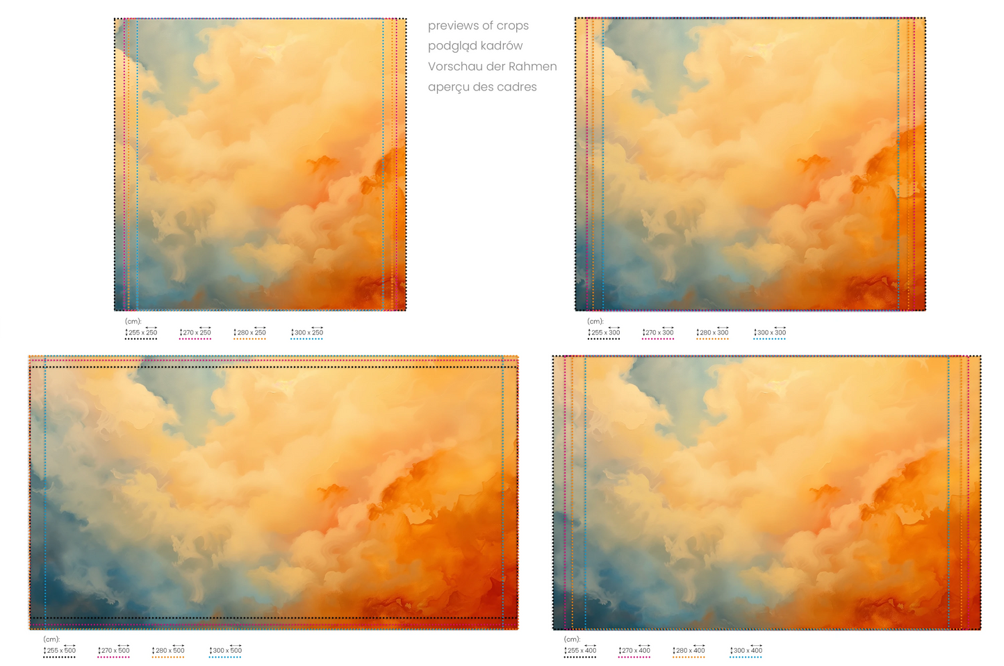 Na obrazie znajduje się prezentacja przykładowych rozmiarów fototapety o nazwie Sunset Mirage. Rozmiar fototapety jest dowolny.