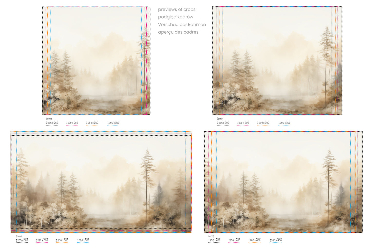 Na obrazie znajduje się prezentacja przykładowych rozmiarów fototapety o nazwie AUTUMNAL HAZE TRAIL MURAL. Rozmiar fototapety jest dowolny.