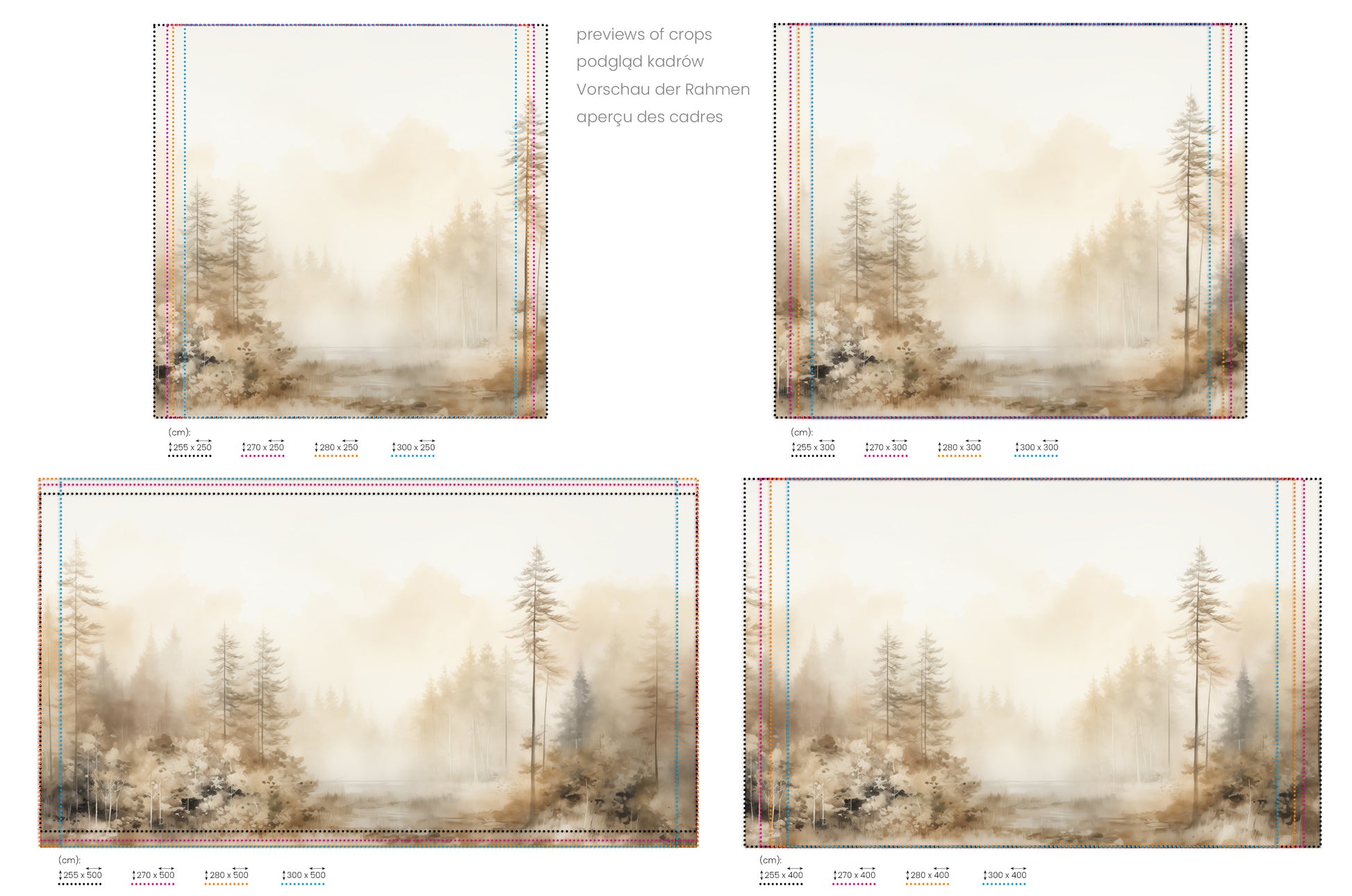 Na obrazie znajduje się prezentacja przykładowych rozmiarów fototapety o nazwie AUTUMNAL HAZE TRAIL MURAL. Rozmiar fototapety jest dowolny.
