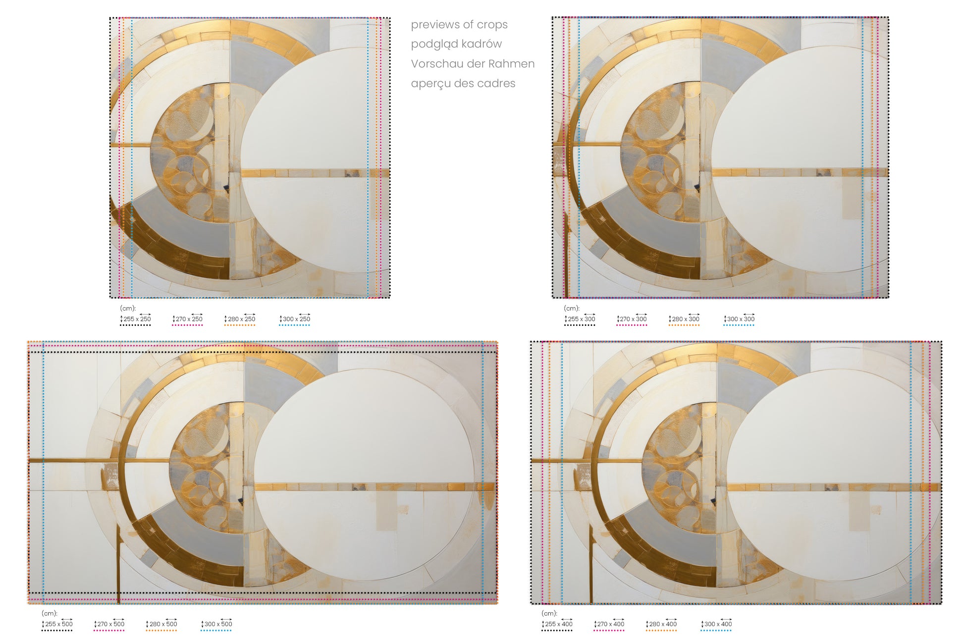 Na obrazie znajduje się prezentacja przykładowych rozmiarów fototapety o nazwie AUREATE CIRCLE HARMONY. Rozmiar fototapety jest dowolny.