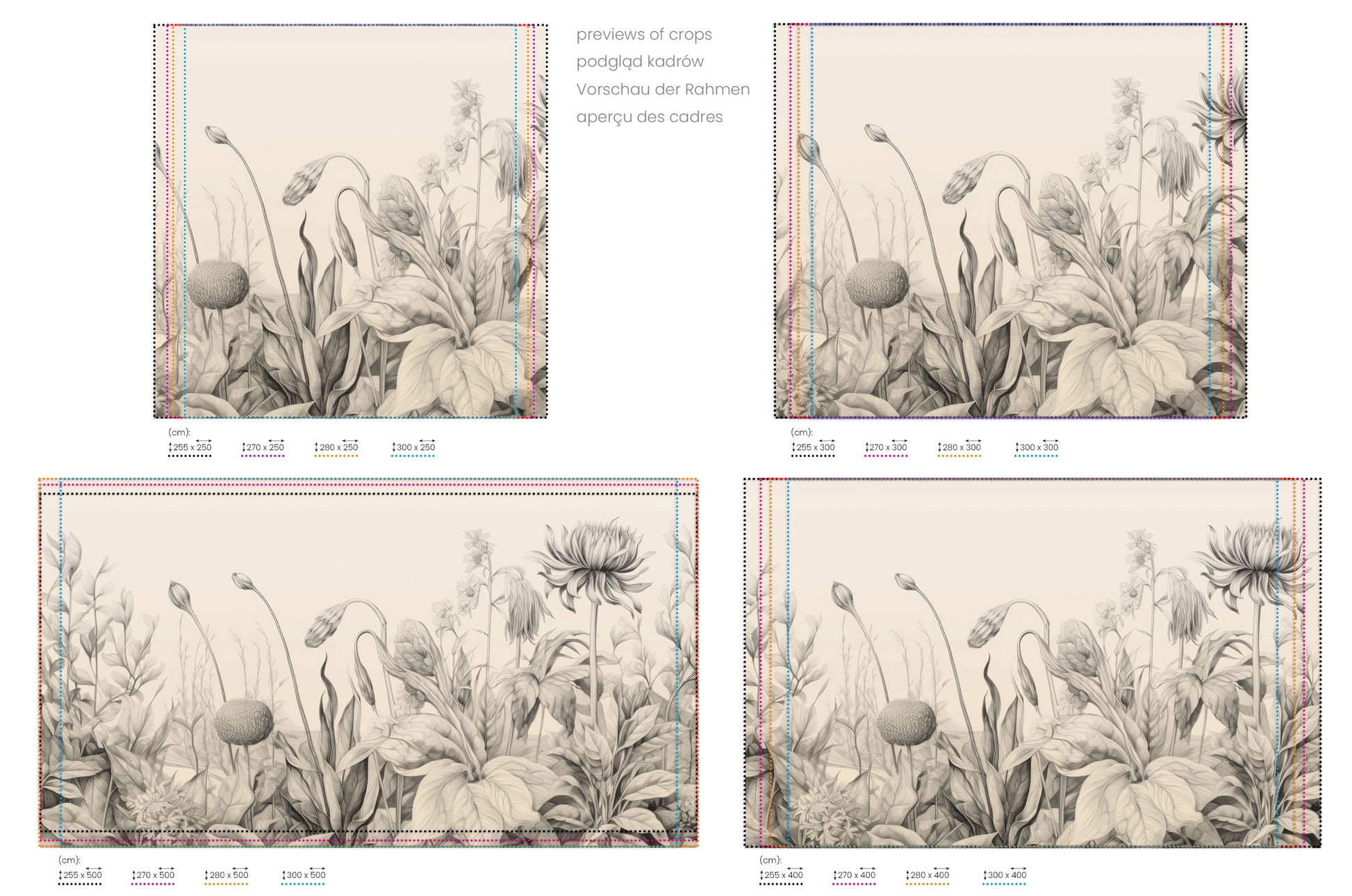 Na obrazie znajduje się prezentacja przykładowych rozmiarów fototapety o nazwie Poppy Field Sketch. Rozmiar fototapety jest dowolny.