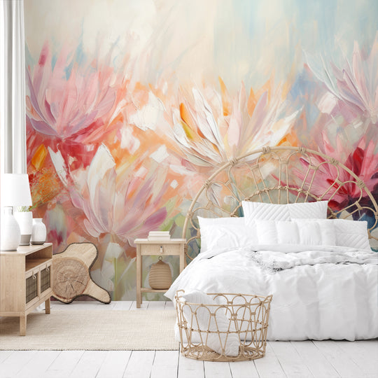 Wzór fototapety artystycznej o nazwie Radiant Petal Fusion pokazanej w aranżacji wnętrza.