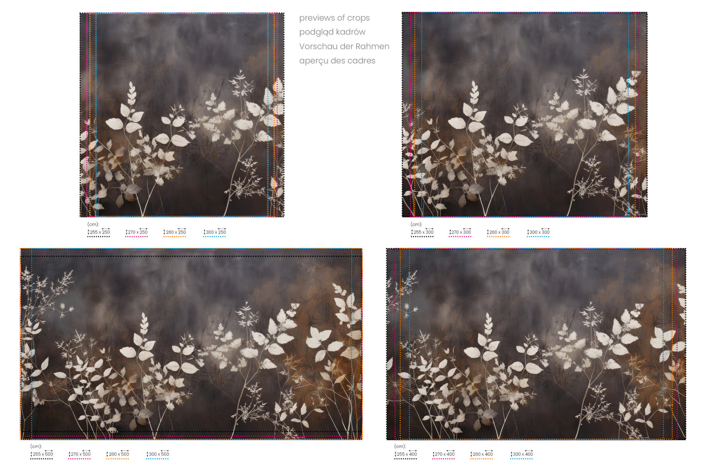 Na obrazie znajduje się prezentacja przykładowych rozmiarów fototapety o nazwie Misty Floral Contrast. Rozmiar fototapety jest dowolny.