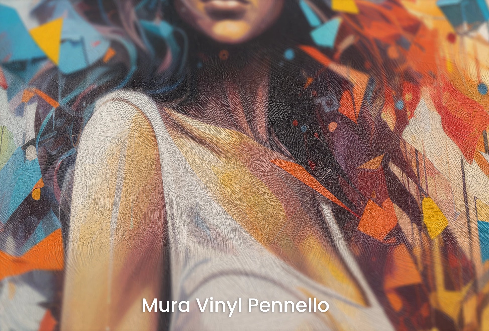 Zbliżenie na artystyczną fototapetę o nazwie Urban Siren na podłożu Mura Vinyl Pennello - faktura pociągnięć pędzla malarskiego.