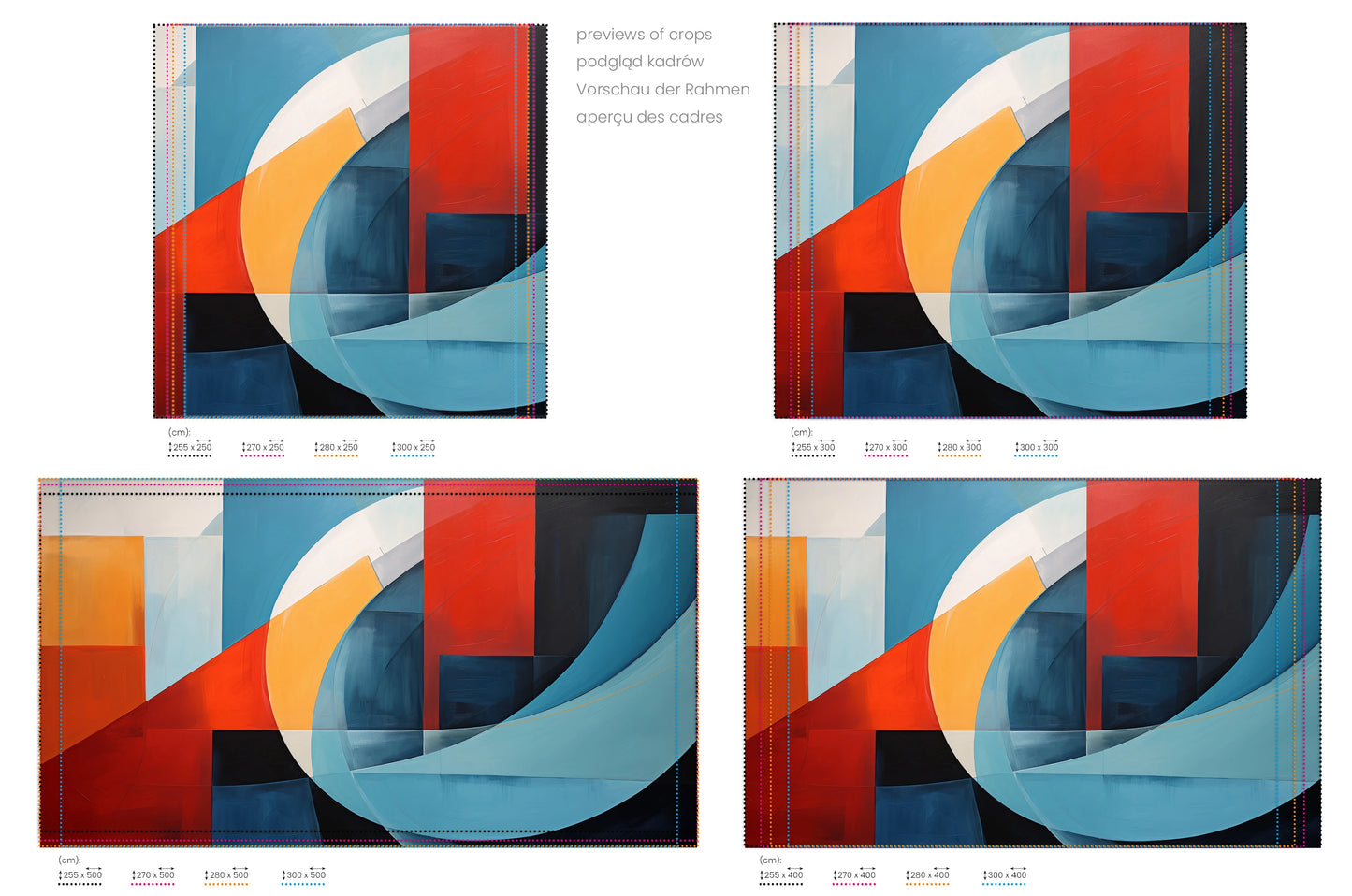 Na obrazie znajduje się prezentacja przykładowych rozmiarów fototapety o nazwie Abstract Swirl. Rozmiar fototapety jest dowolny.