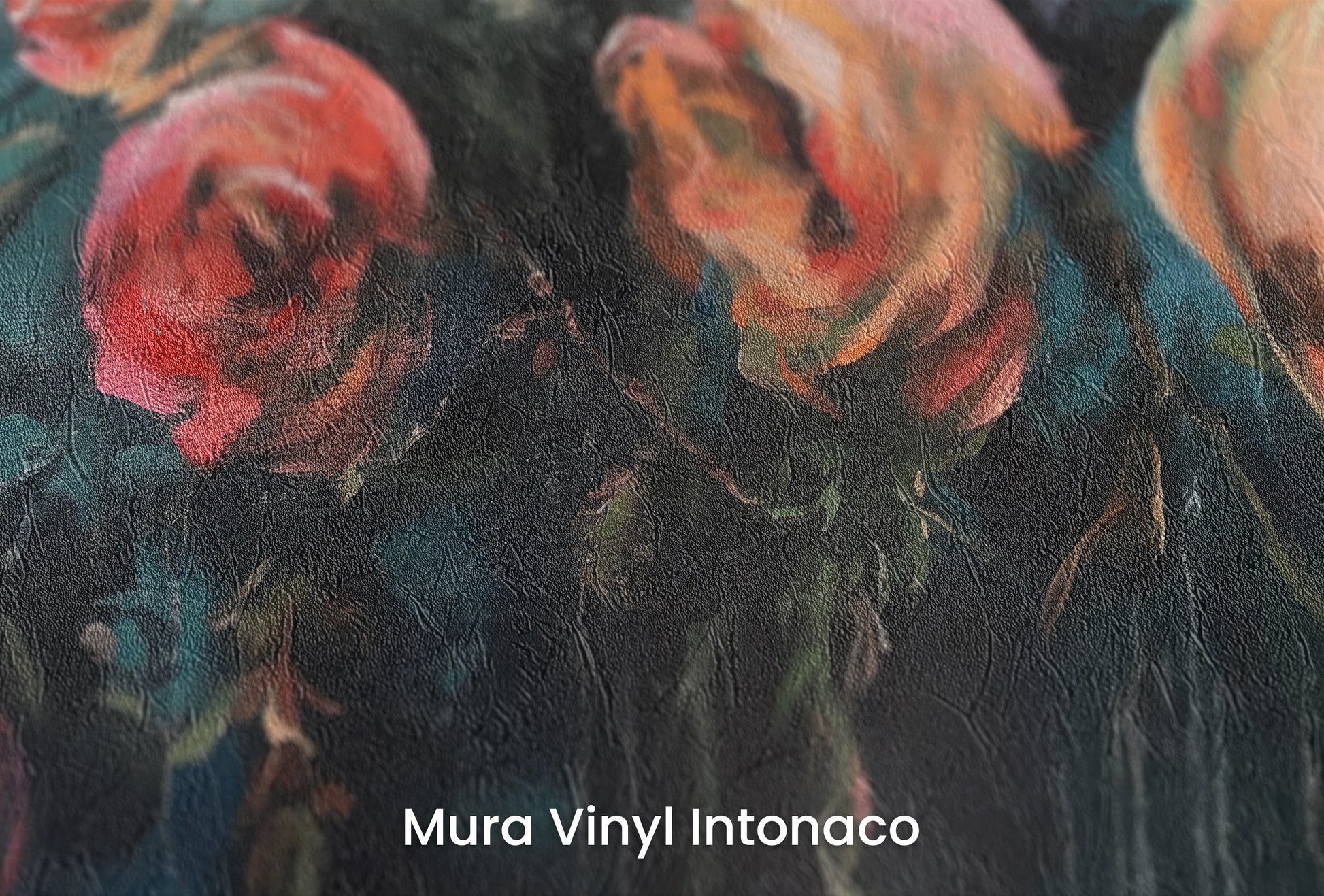 Zbliżenie na artystyczną fototapetę o nazwie Crimson Tide na podłożu Mura Vinyl Intonaco - struktura tartego tynku.