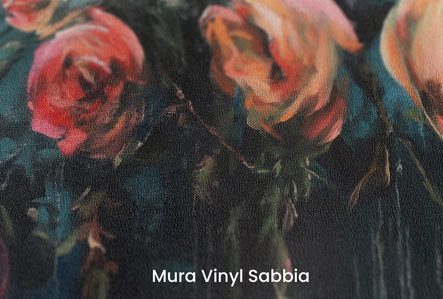 Zbliżenie na artystyczną fototapetę o nazwie Crimson Tide na podłożu Mura Vinyl Sabbia struktura grubego ziarna piasku.