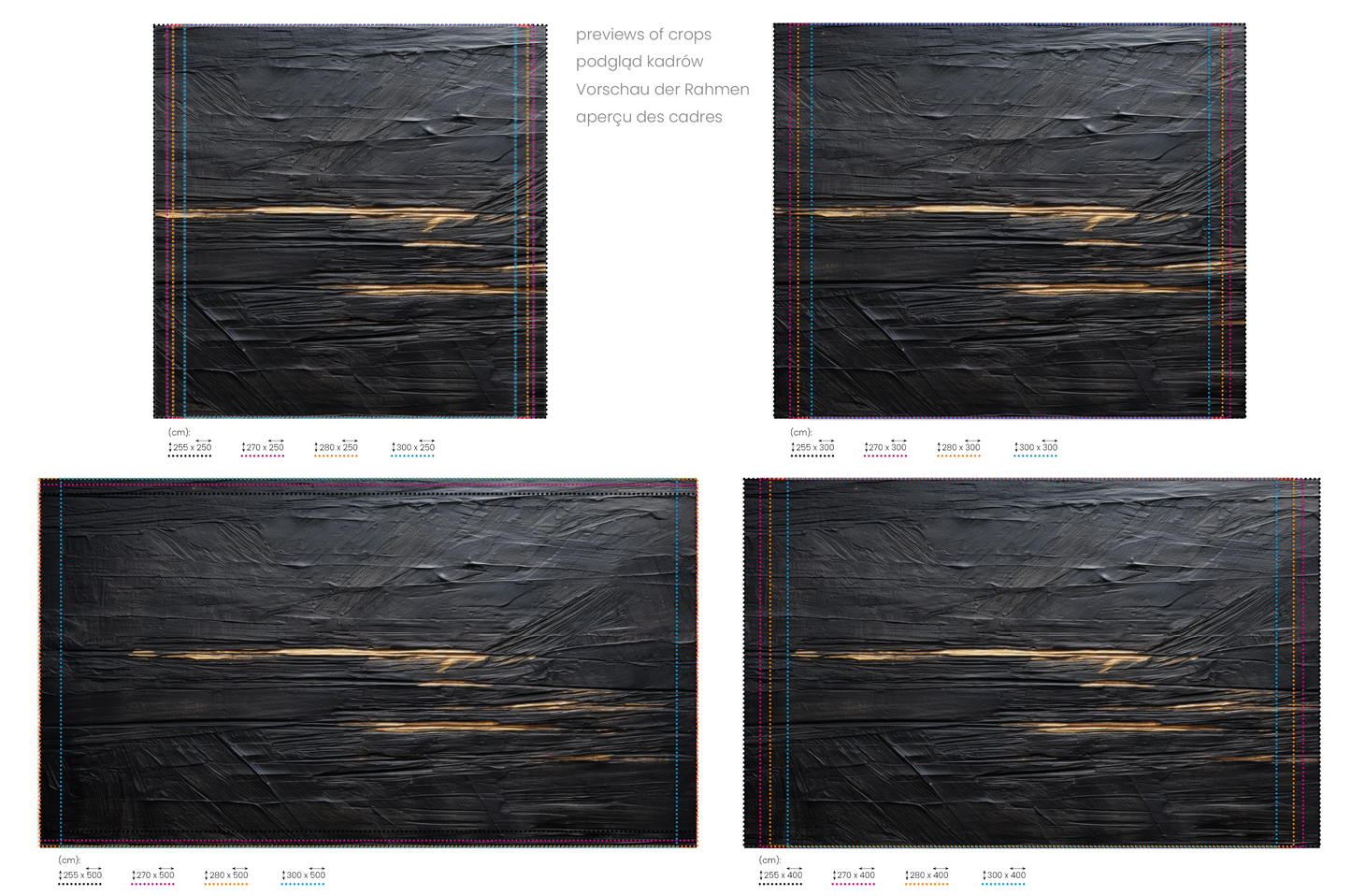 Na obrazie znajduje się prezentacja przykładowych rozmiarów fototapety o nazwie Dark Currents. Rozmiar fototapety jest dowolny.