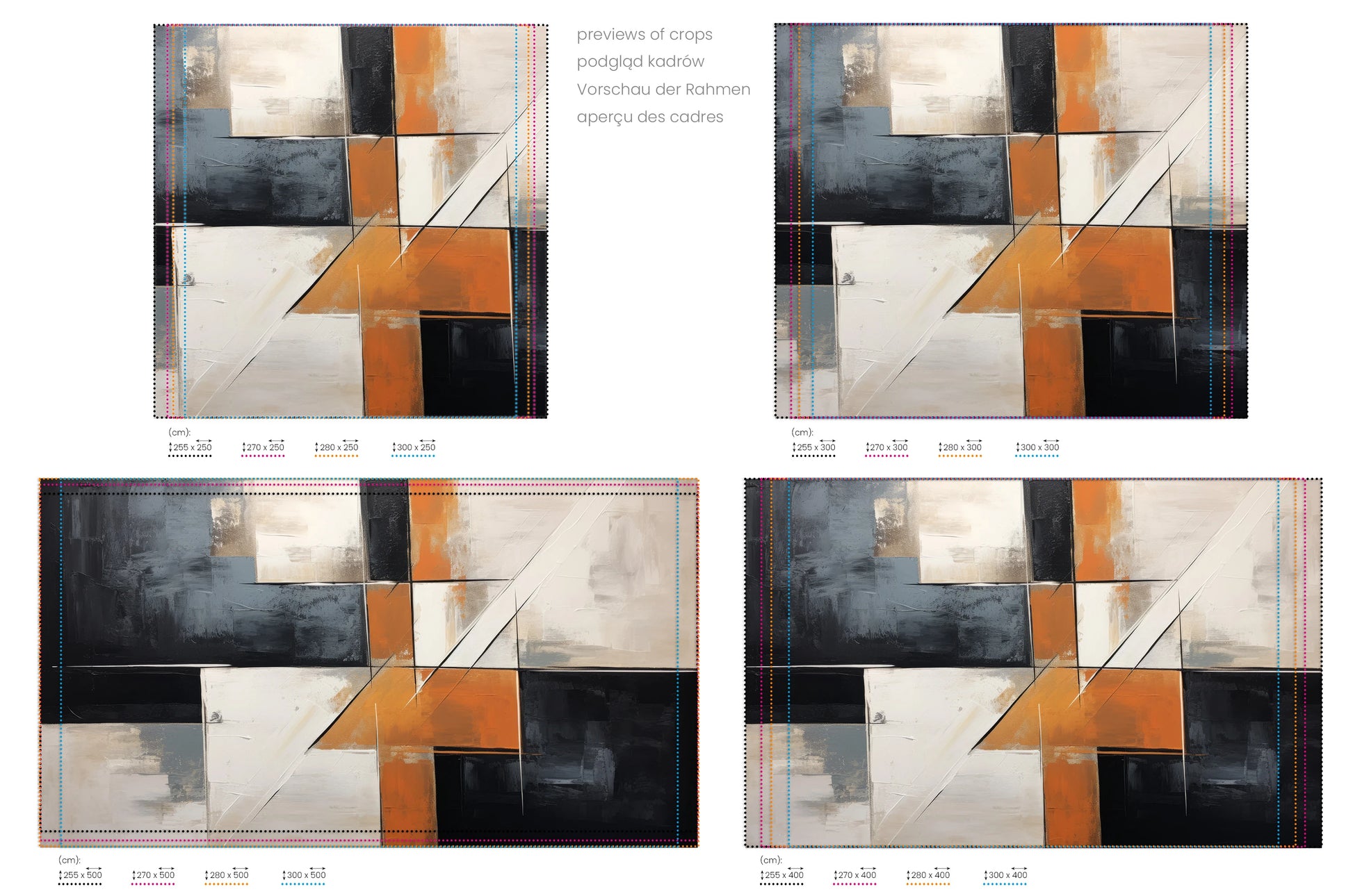 Na obrazie znajduje się prezentacja przykładowych rozmiarów fototapety o nazwie Contrasting Lines. Rozmiar fototapety jest dowolny.
