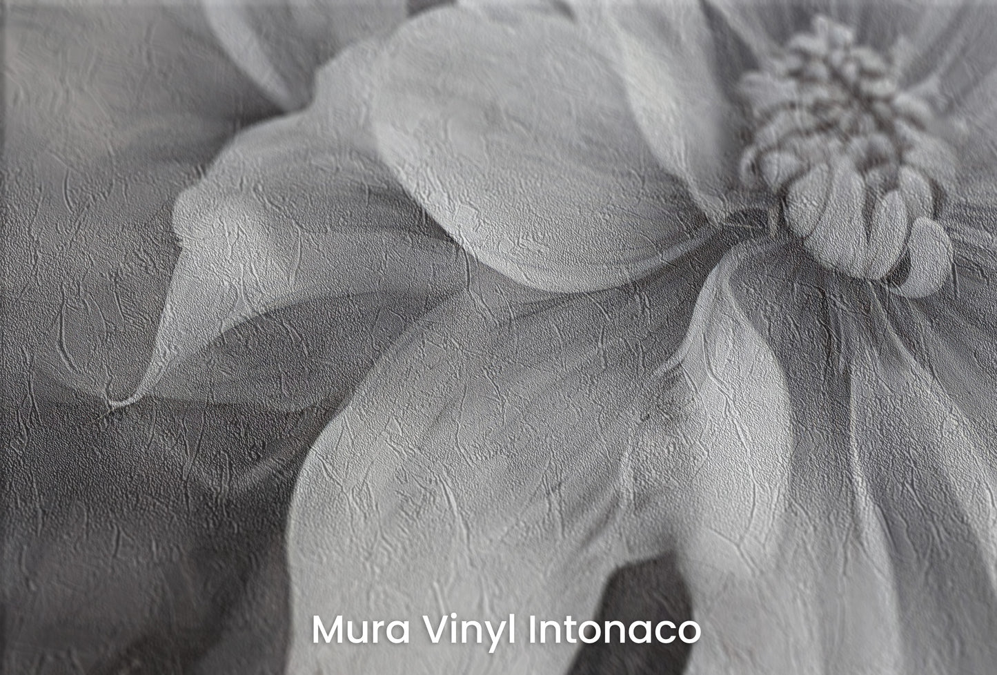 Zbliżenie na artystyczną fototapetę o nazwie NOIR FLORALE na podłożu Mura Vinyl Intonaco - struktura tartego tynku.