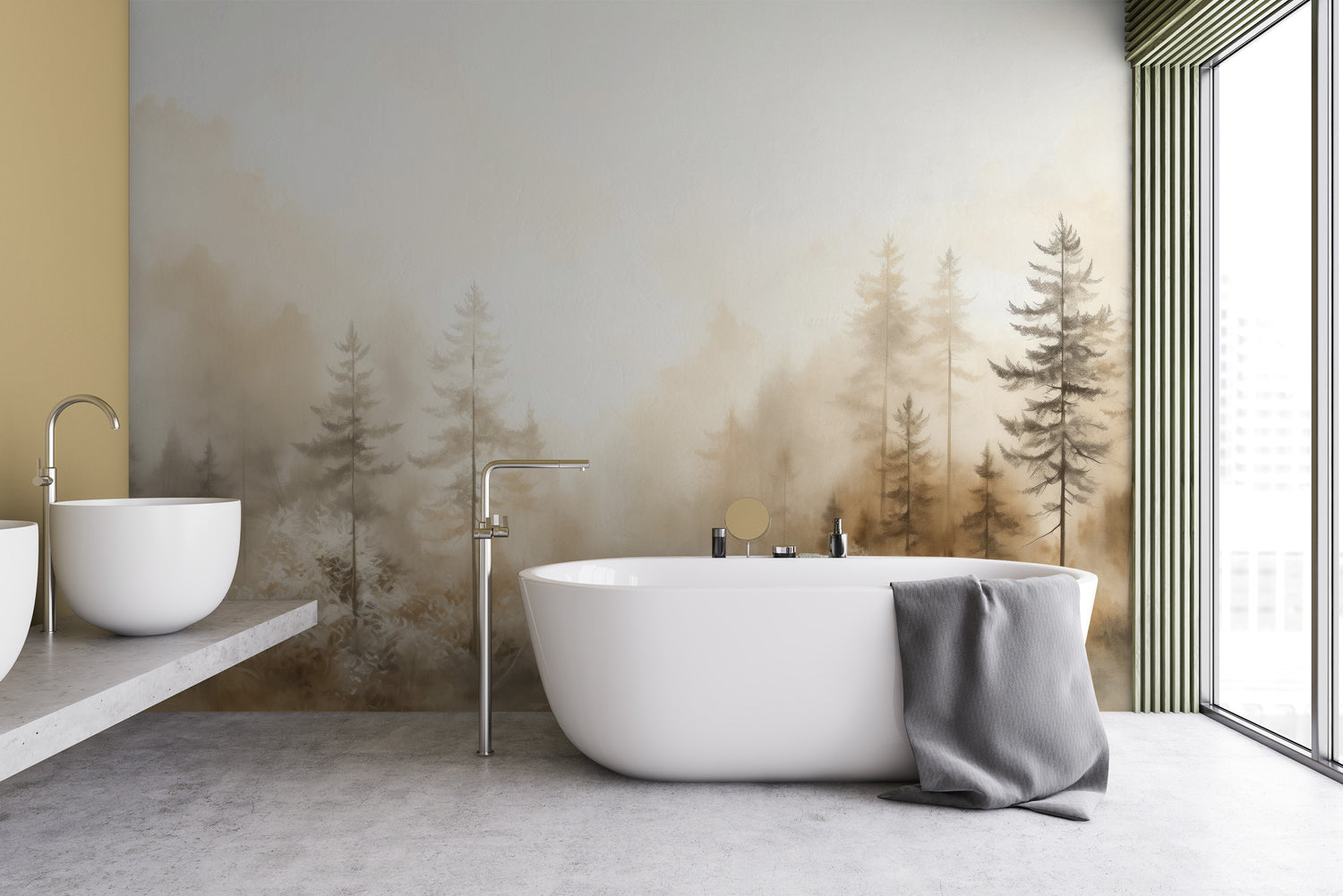 Wzór fototapety artystycznej o nazwie GLOWING MIST FOREST PATH MURAL pokazanej w aranżacji wnętrza.