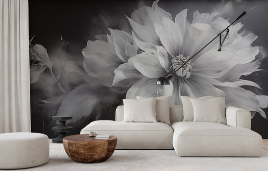 Wzór fototapety artystycznej o nazwie NOIR FLORALE pokazanej w aranżacji wnętrza.