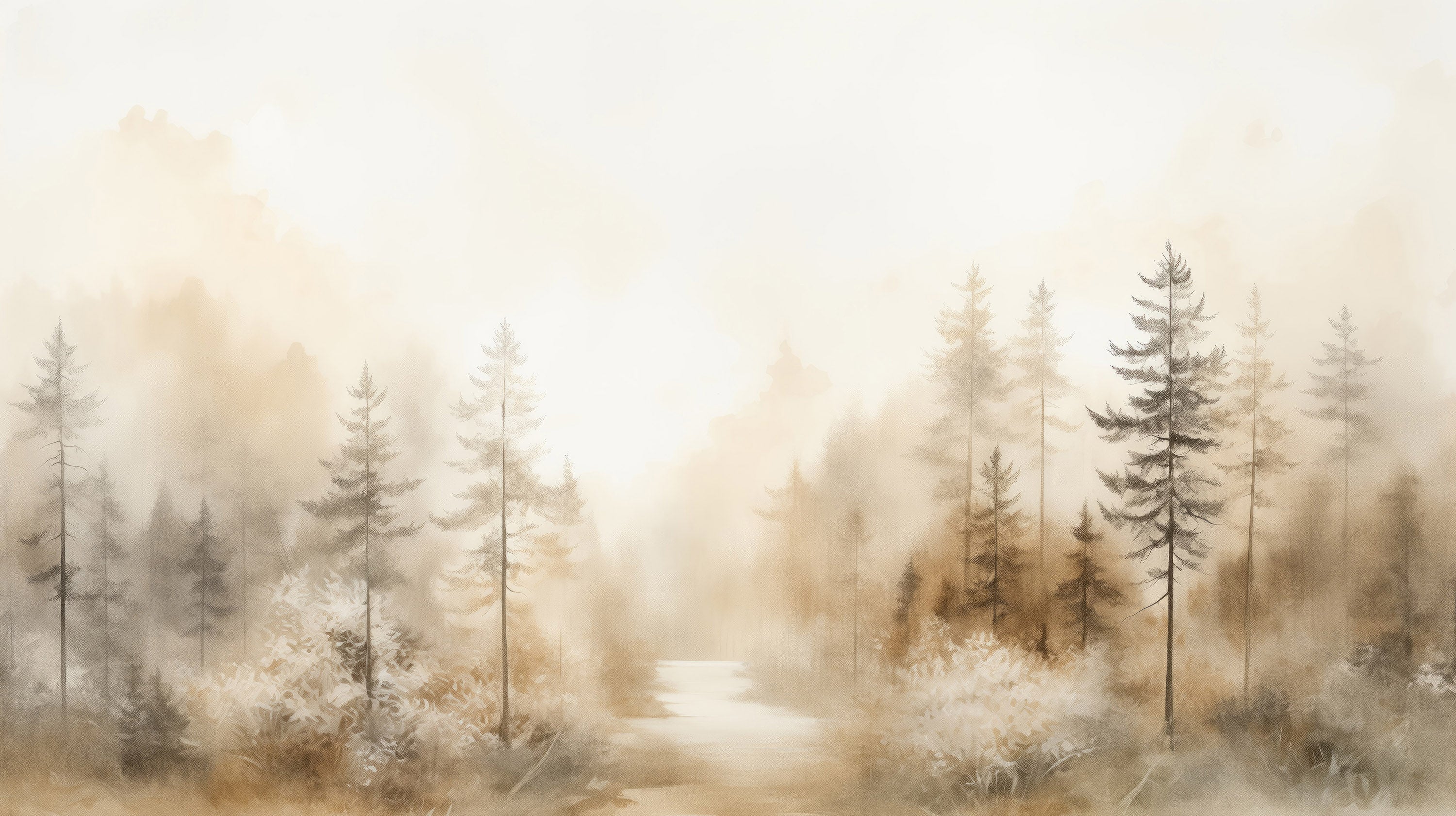 Podgląd wzoru: Prezentacja całego wzoru fototapety o nazwie GLOWING MIST FOREST PATH MURAL