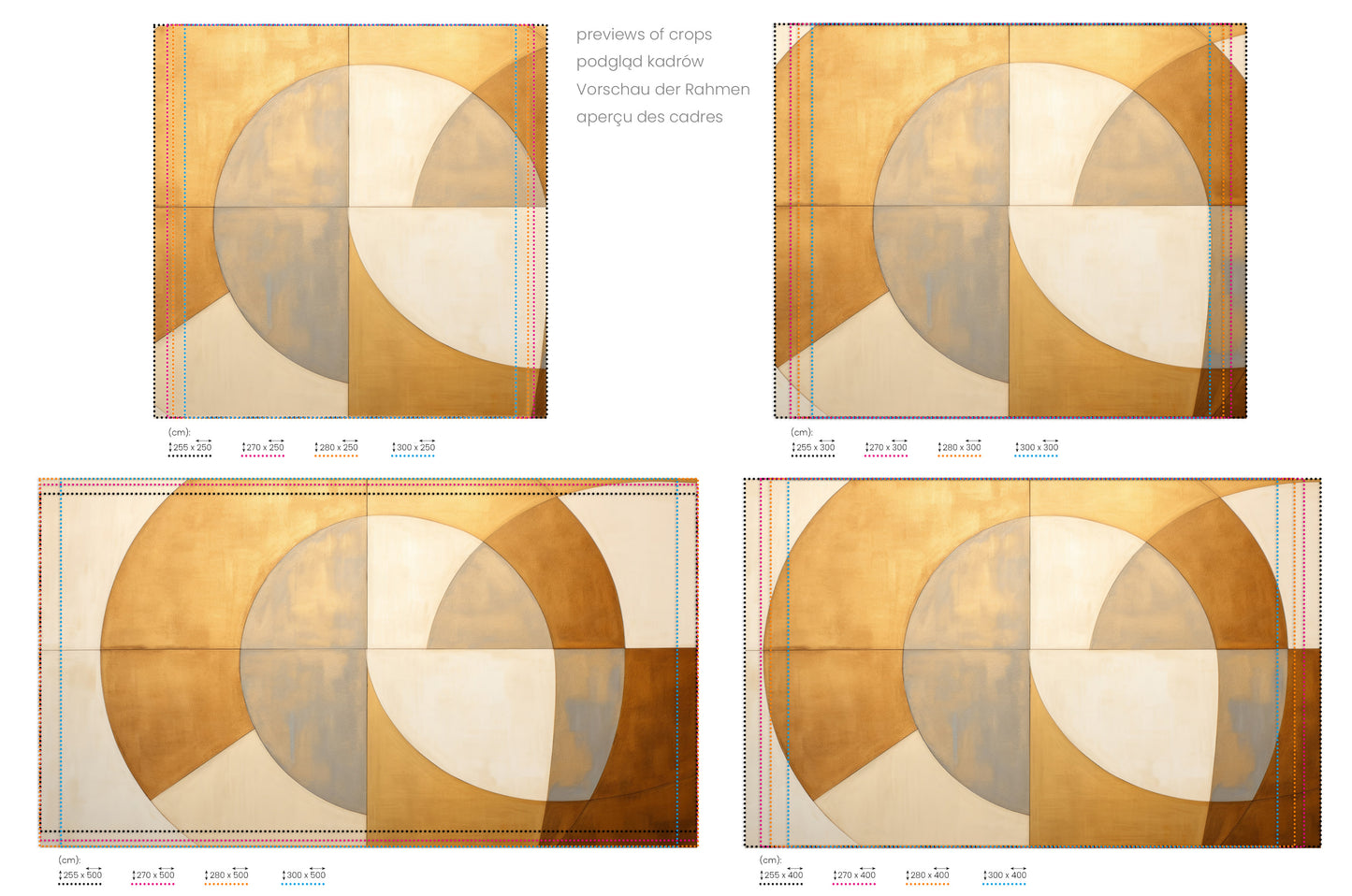 Na obrazie znajduje się prezentacja przykładowych rozmiarów fototapety o nazwie GILDED CRESCENT SYMMETRY. Rozmiar fototapety jest dowolny.