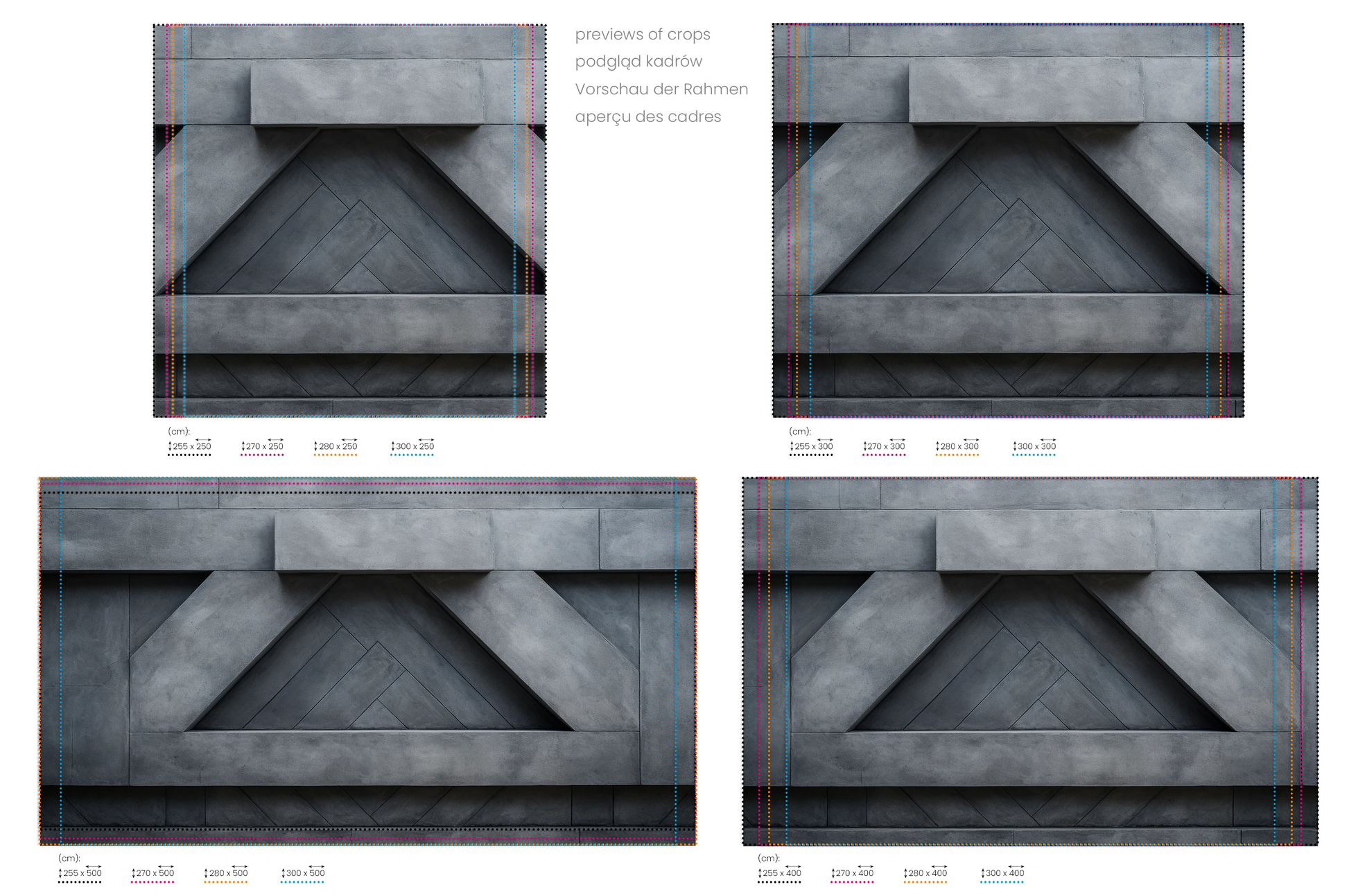 Na obrazie znajduje się prezentacja przykładowych rozmiarów fototapety o nazwie Architectural Elevation. Rozmiar fototapety jest dowolny.