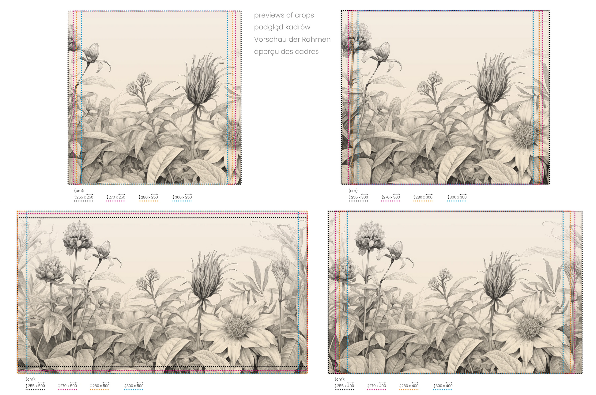 Na obrazie znajduje się prezentacja przykładowych rozmiarów fototapety o nazwie Wild Blossoms. Rozmiar fototapety jest dowolny.