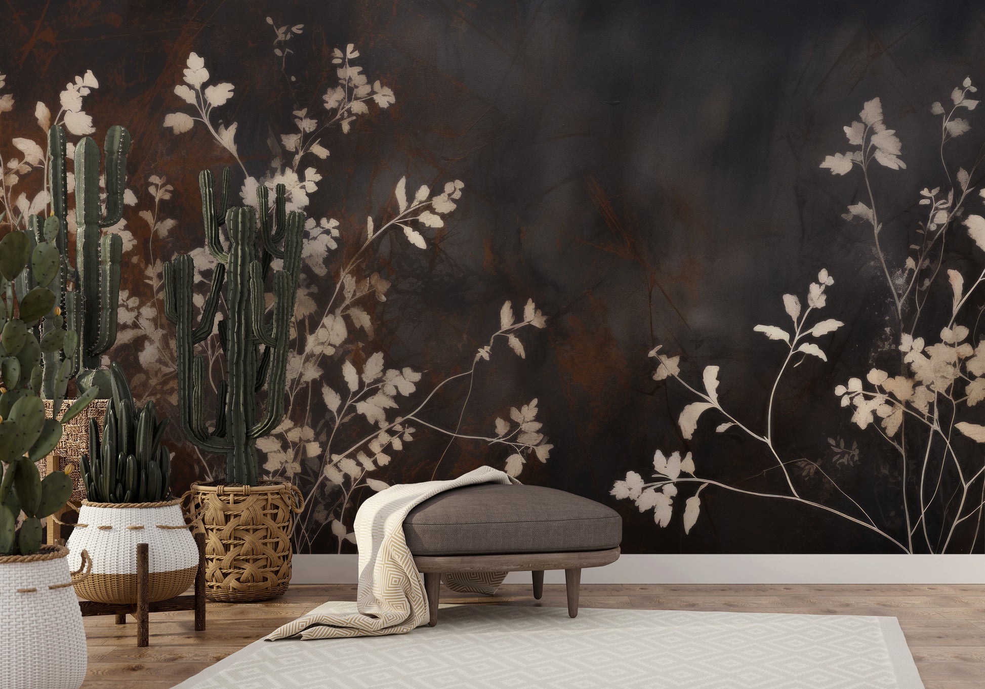 Fototapeta malowana o nazwie Elegant Shadow Flora pokazana w aranżacji wnętrza.