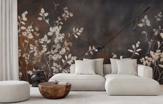 Wzór fototapety artystycznej o nazwie Elegant Shadow Flora pokazanej w aranżacji wnętrza.