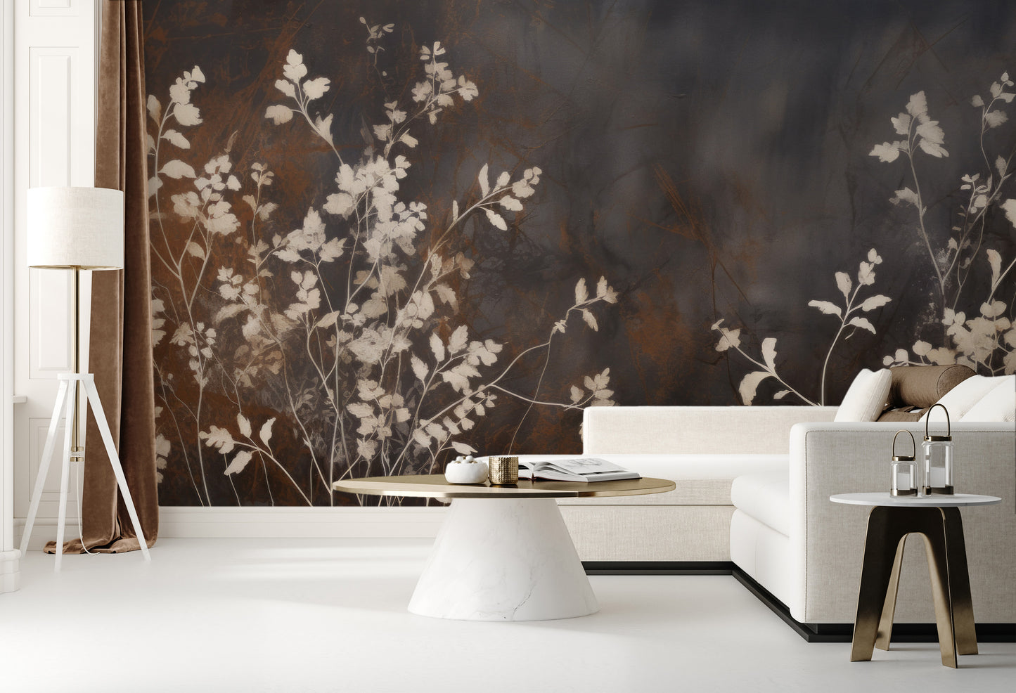 Fototapeta artystyczna o nazwie Elegant Shadow Flora pokazana w aranżacji wnętrza.