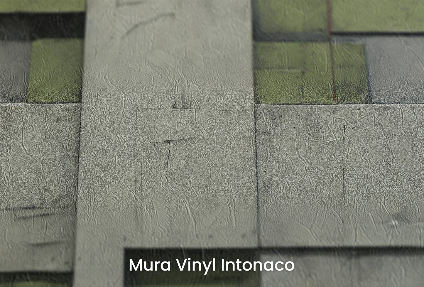 Zbliżenie na artystyczną fototapetę o nazwie Green Blocks na podłożu Mura Vinyl Intonaco - struktura tartego tynku.
