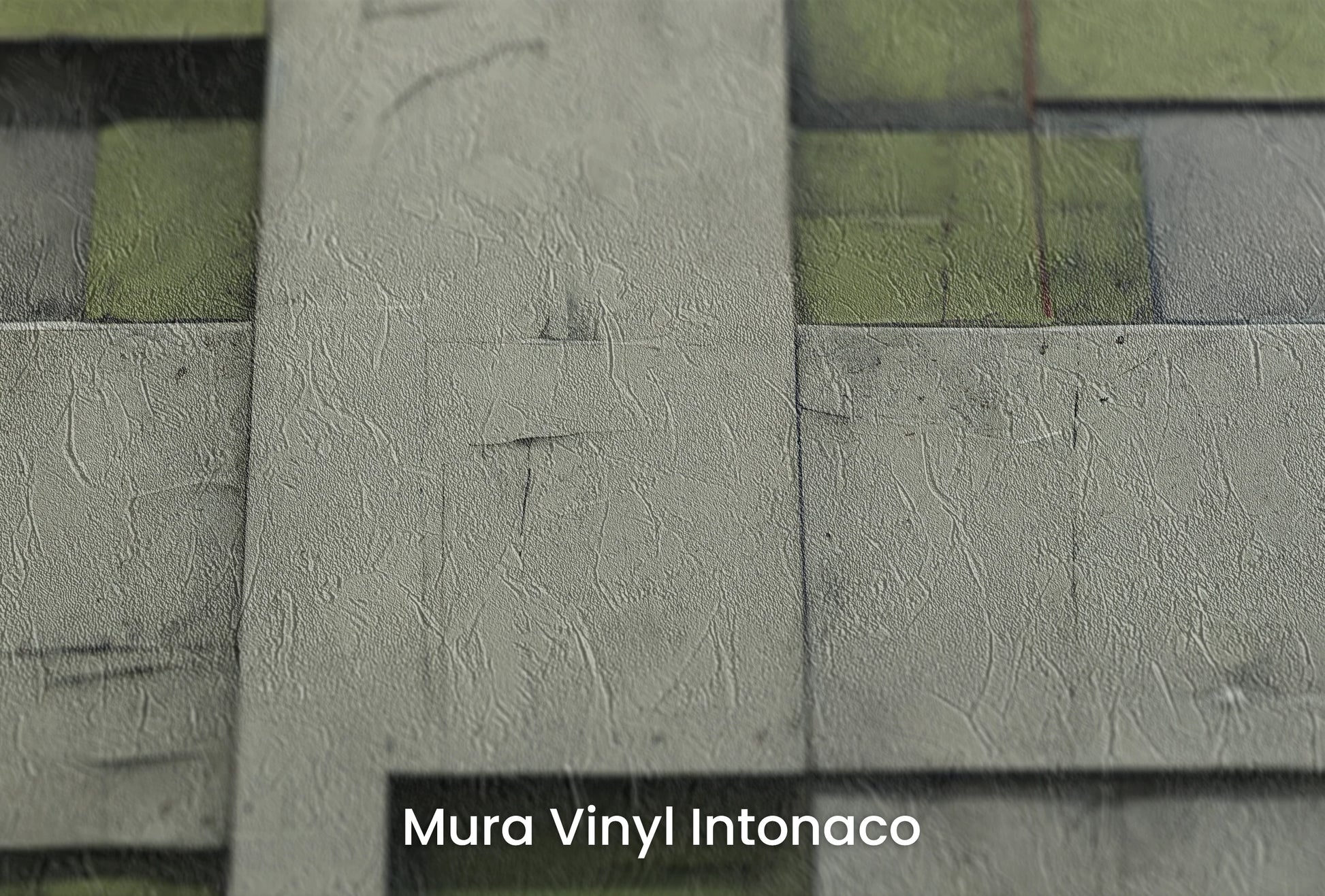 Zbliżenie na artystyczną fototapetę o nazwie Green Blocks na podłożu Mura Vinyl Intonaco - struktura tartego tynku.