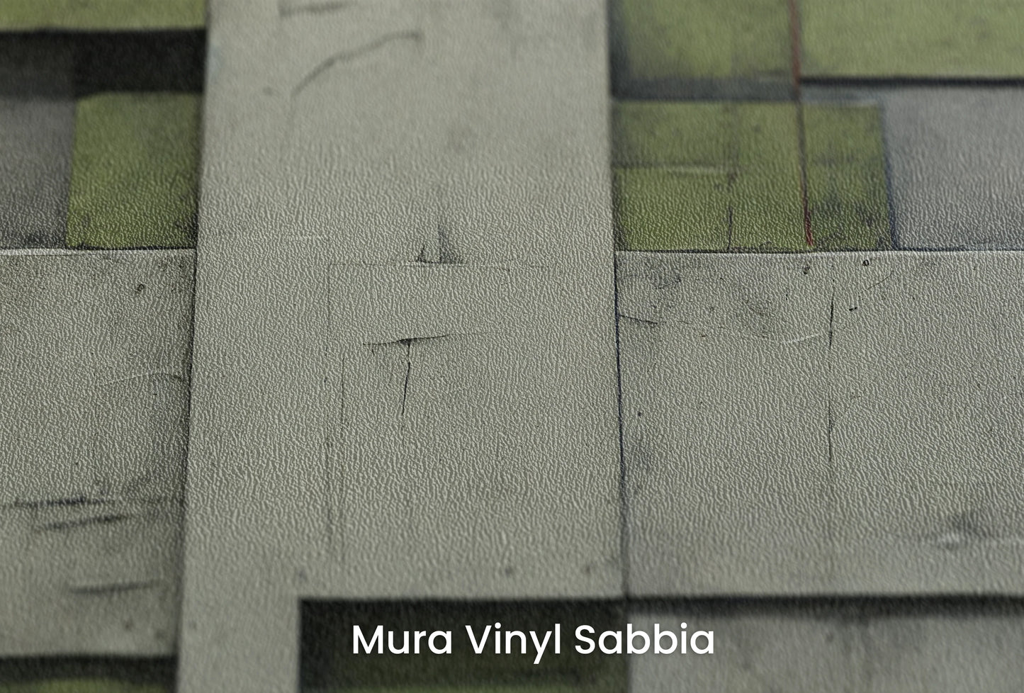Zbliżenie na artystyczną fototapetę o nazwie Green Blocks na podłożu Mura Vinyl Sabbia struktura grubego ziarna piasku.