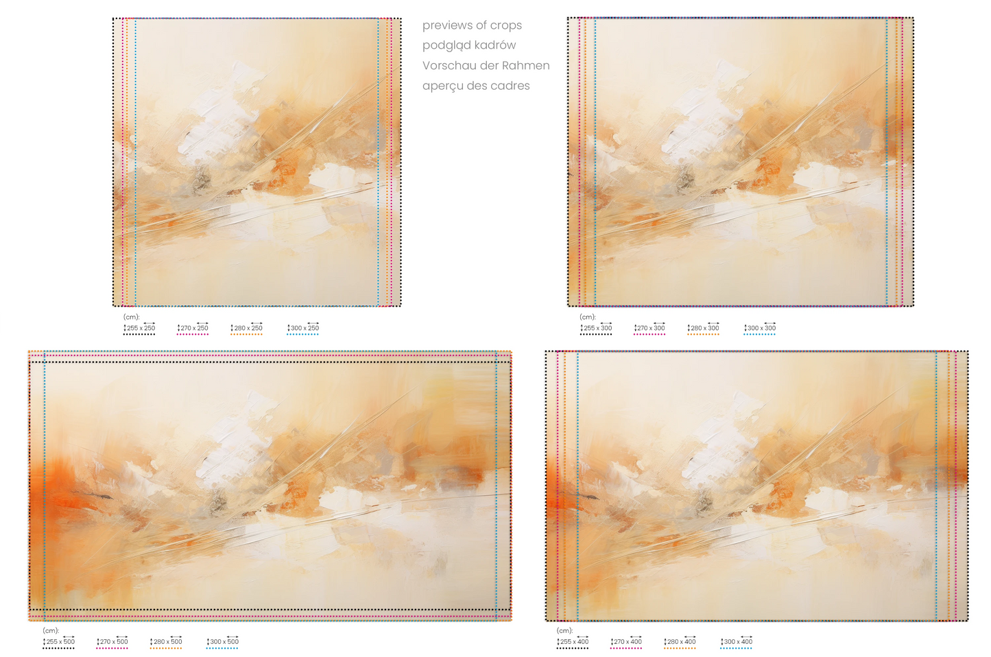 Na obrazie znajduje się prezentacja przykładowych rozmiarów fototapety o nazwie Sunrise Abstract. Rozmiar fototapety jest dowolny.