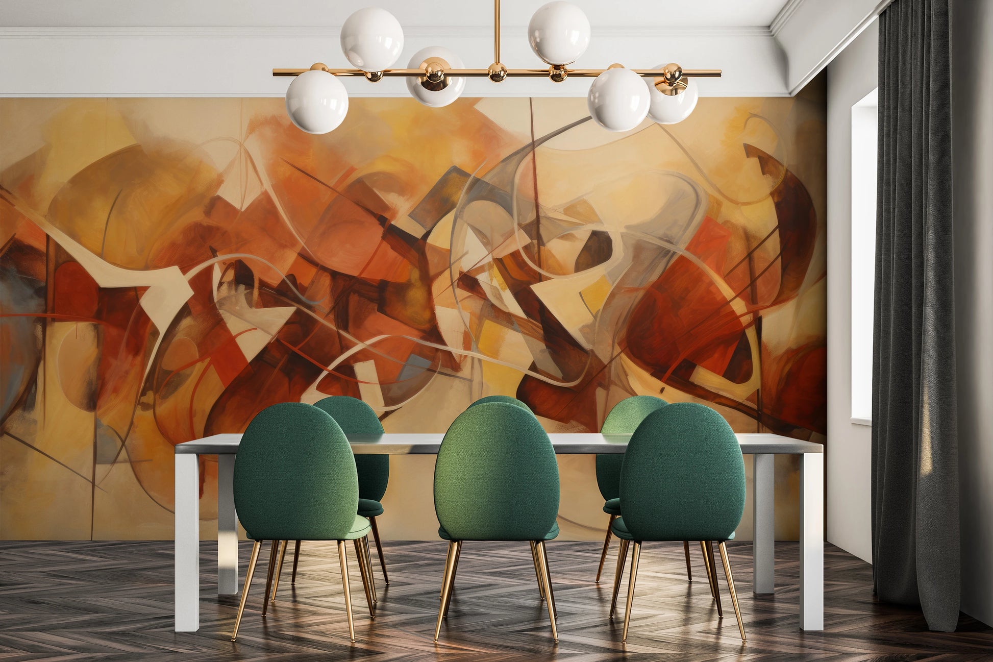 Wzór fototapety artystycznej o nazwie Amber Swirl pokazanej w aranżacji wnętrza.
