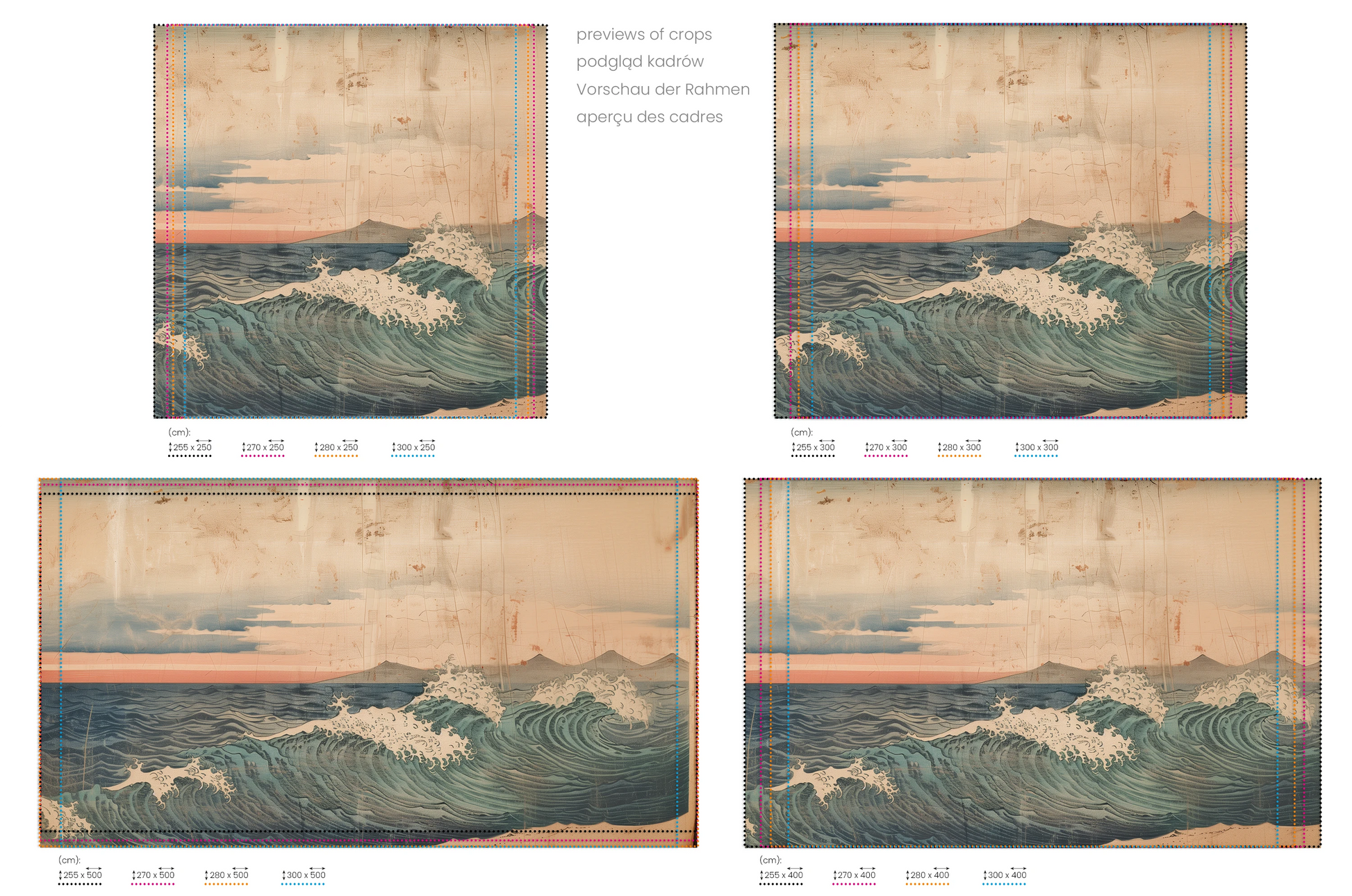 Na obrazie znajduje się prezentacja przykładowych rozmiarów fototapety o nazwie Vintage Ocean View. Rozmiar fototapety jest dowolny.