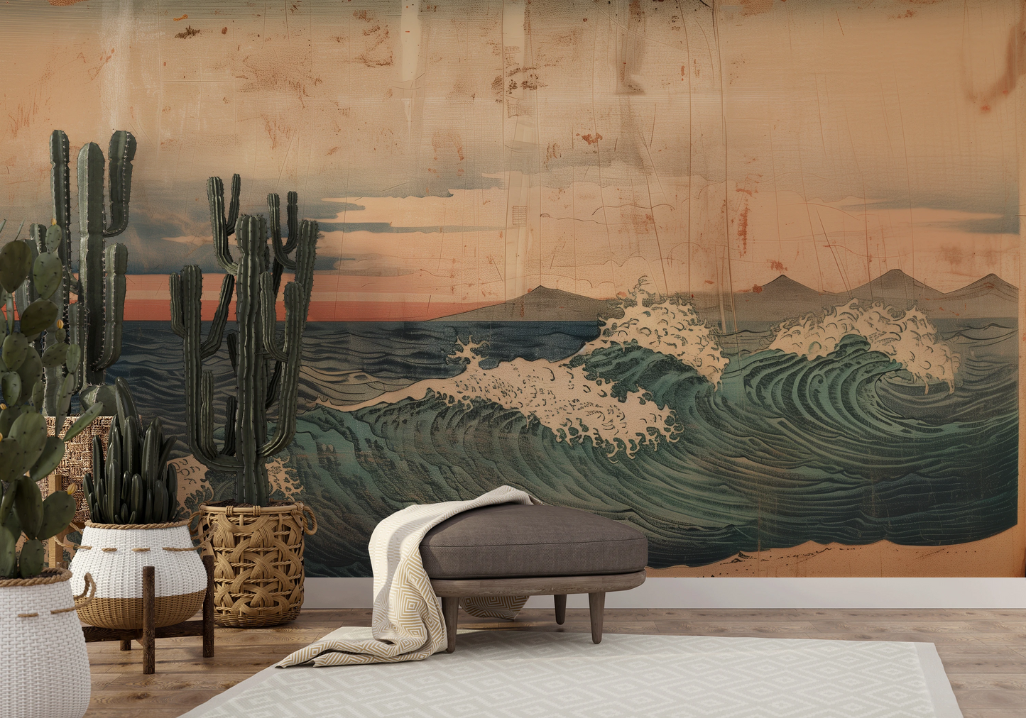 Fototapeta malowana o nazwie Vintage Ocean View pokazana w aranżacji wnętrza.